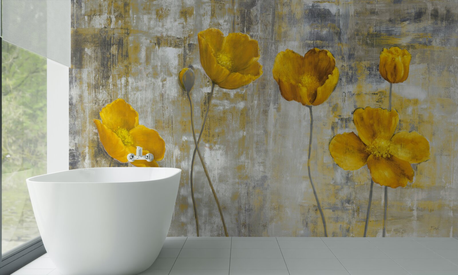 Fototapet tulpinile subțiri sunt decorate cu flori galbene