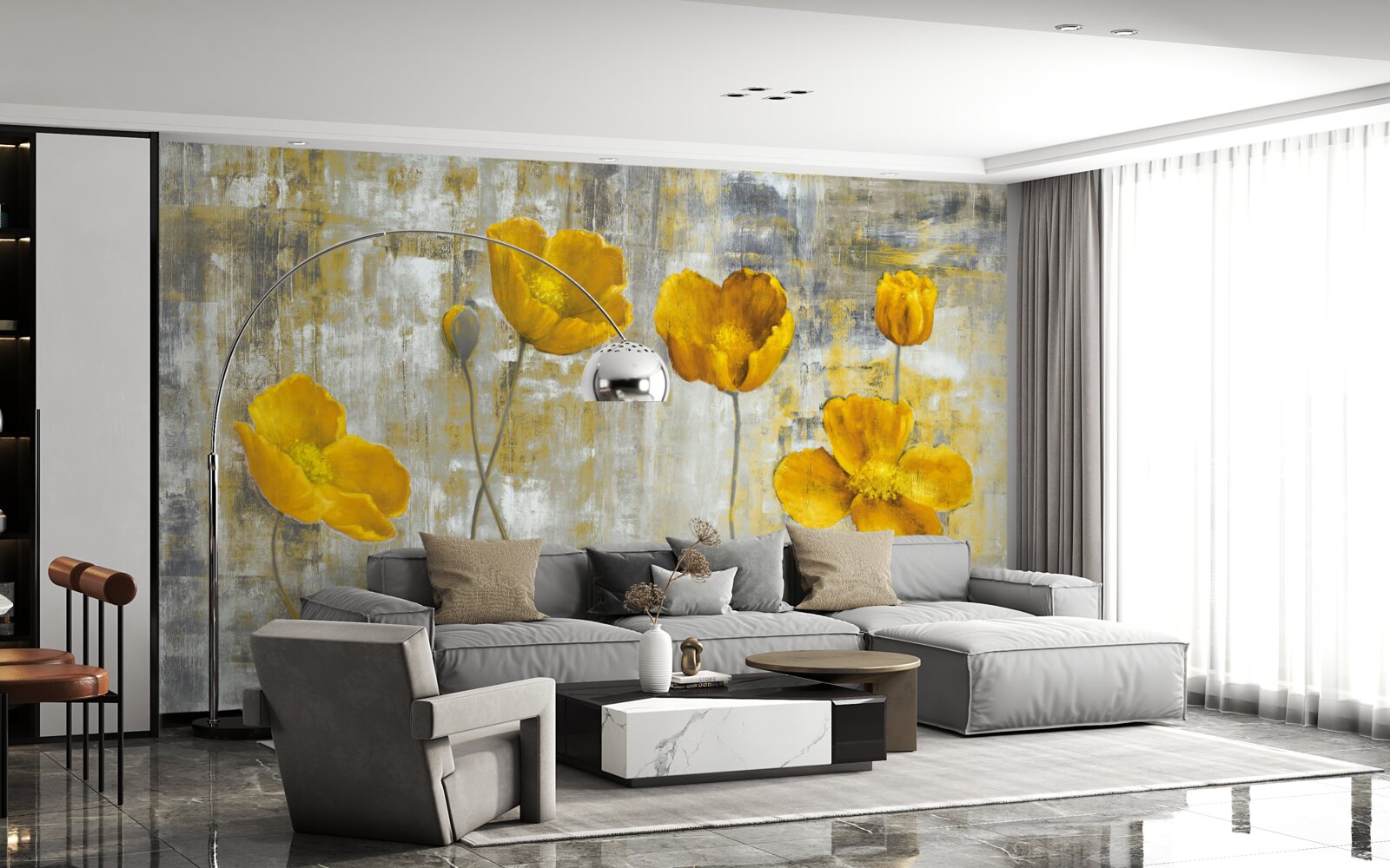 Fototapet tulpinile subțiri sunt decorate cu flori galbene