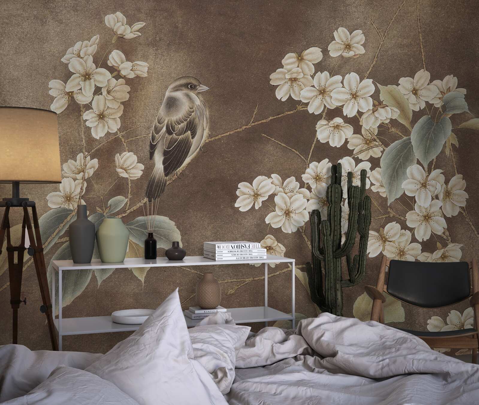 Fototapet vrabie pe o ramură cu flori albe ca zăpada