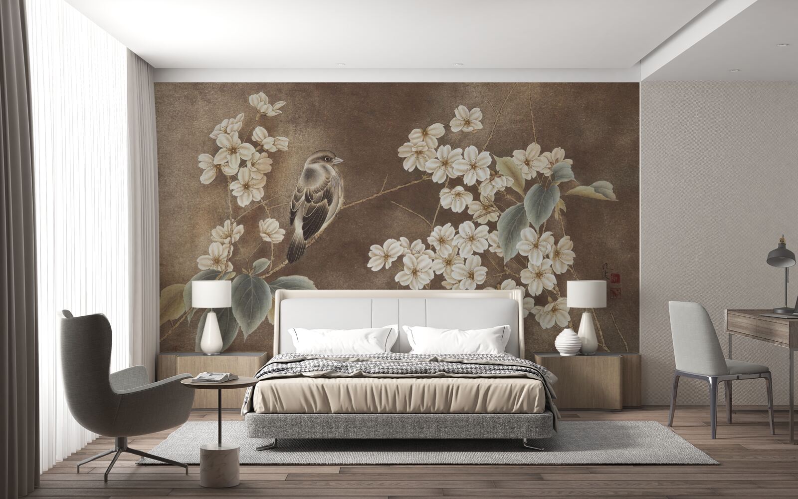 Fototapet vrabie pe o ramură cu flori albe ca zăpada