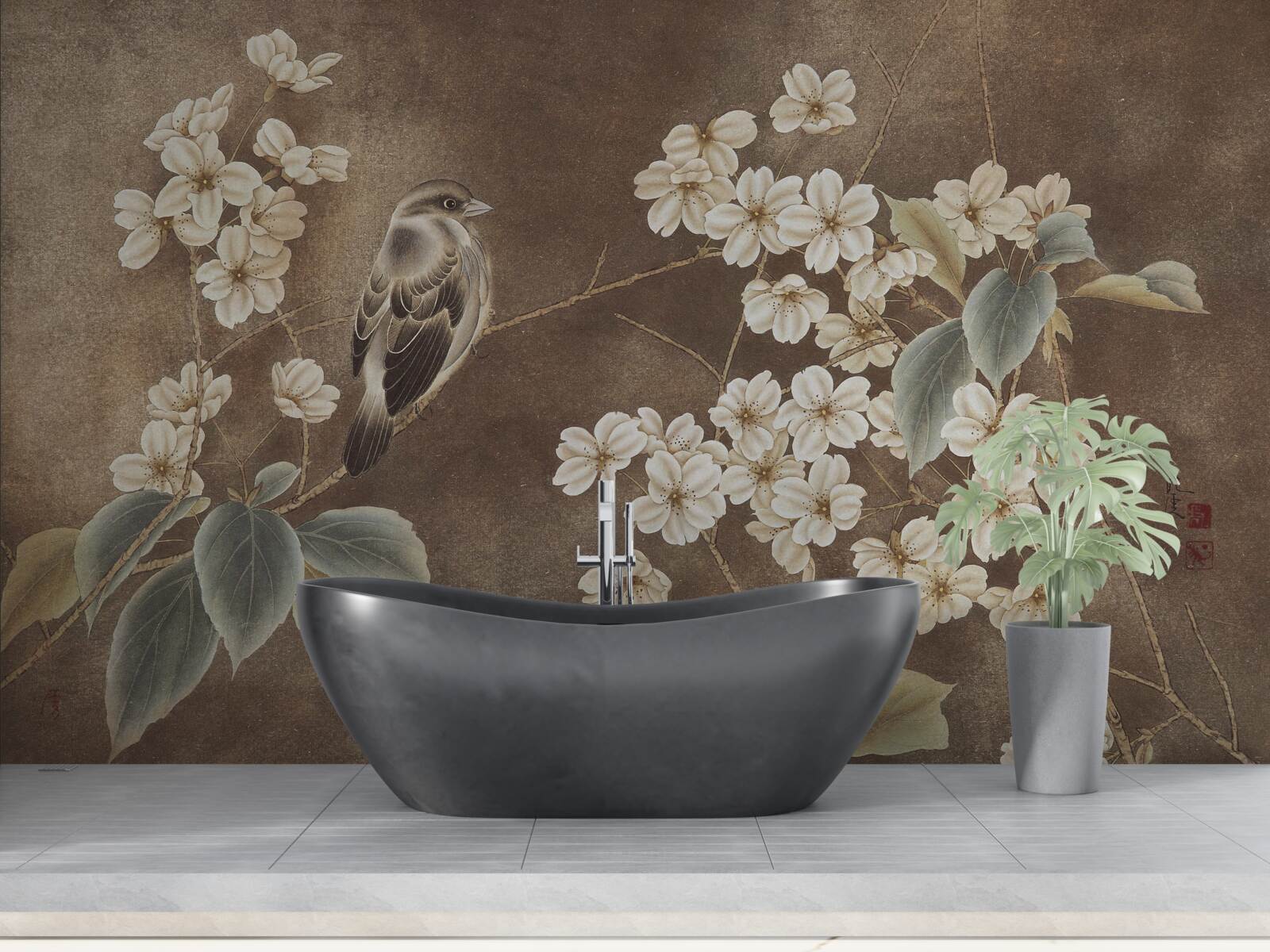 Fototapet vrabie pe o ramură cu flori albe ca zăpada