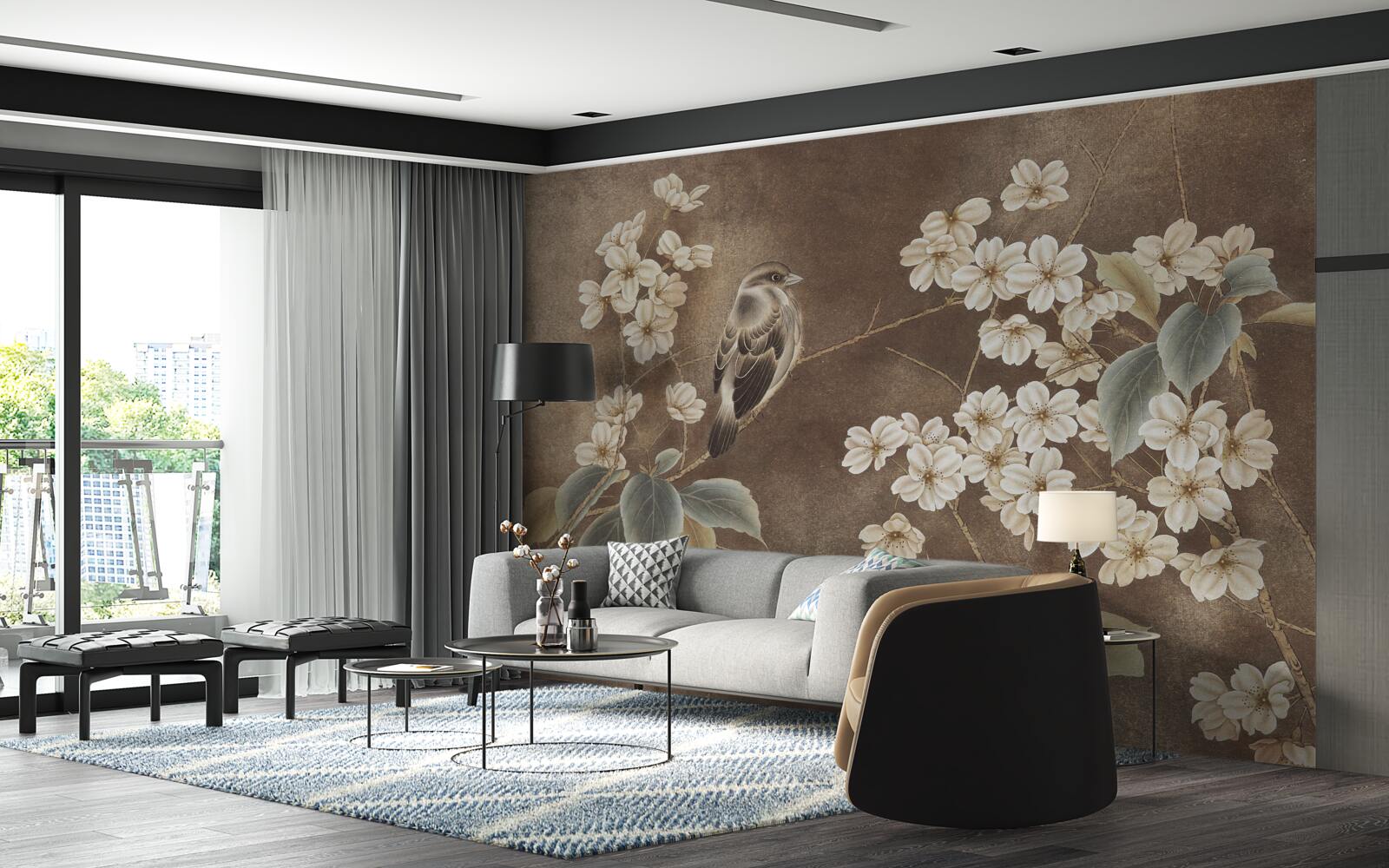 Fototapet vrabie pe o ramură cu flori albe ca zăpada