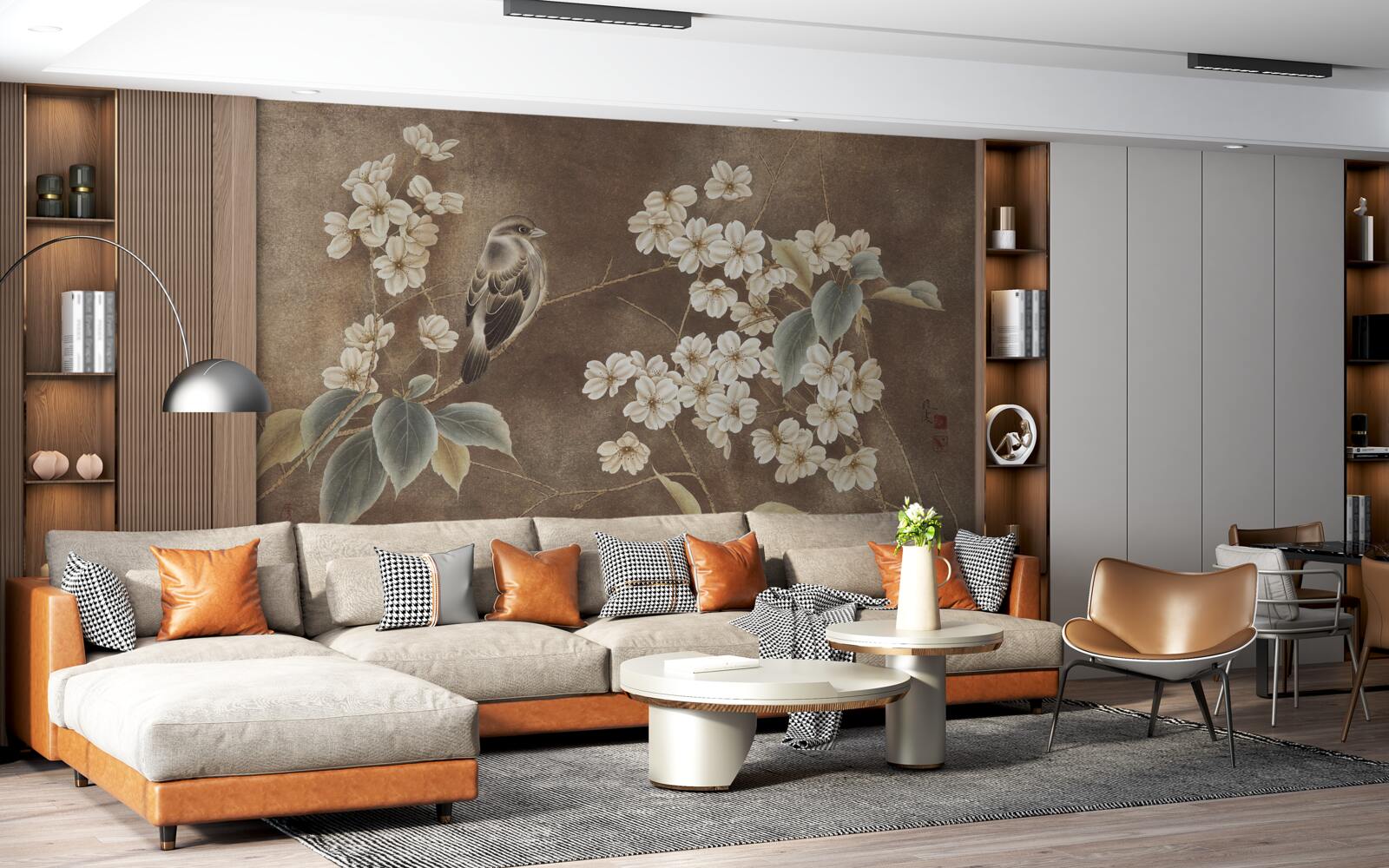 Fototapet vrabie pe o ramură cu flori albe ca zăpada