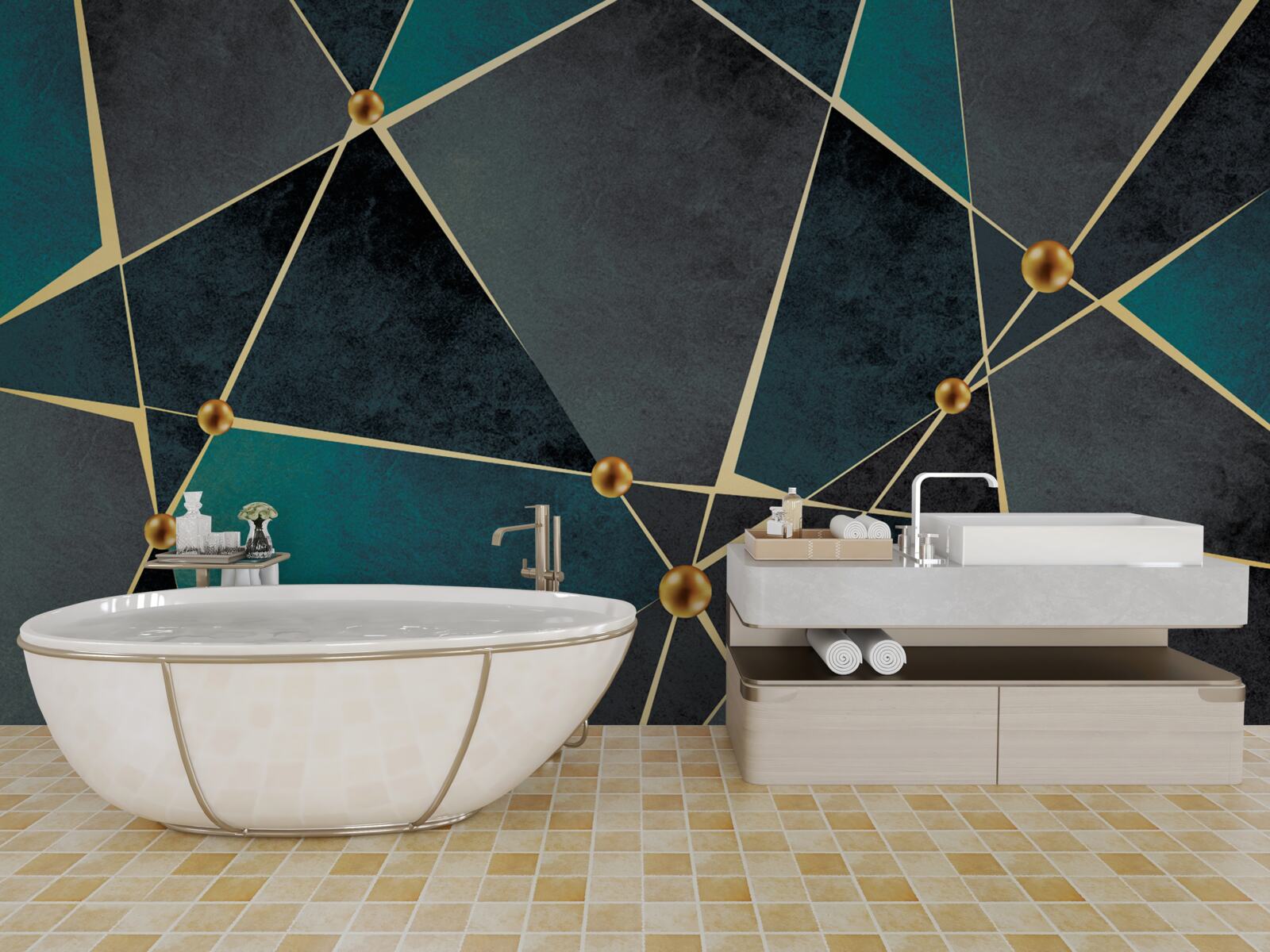 Fototapet mozaic de smarald cu accente aurii