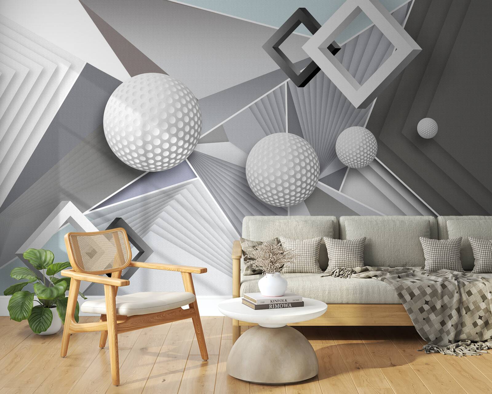 Fototapet reprezentare geometrică abstractă a unui cub și a unei bile