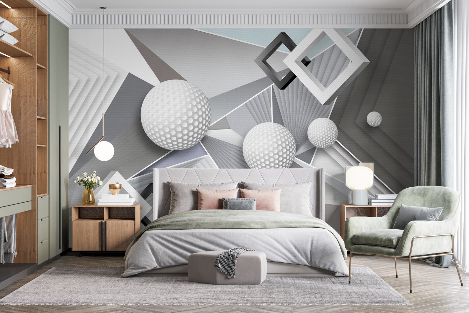 Fototapet reprezentare geometrică abstractă a unui cub și a unei bile