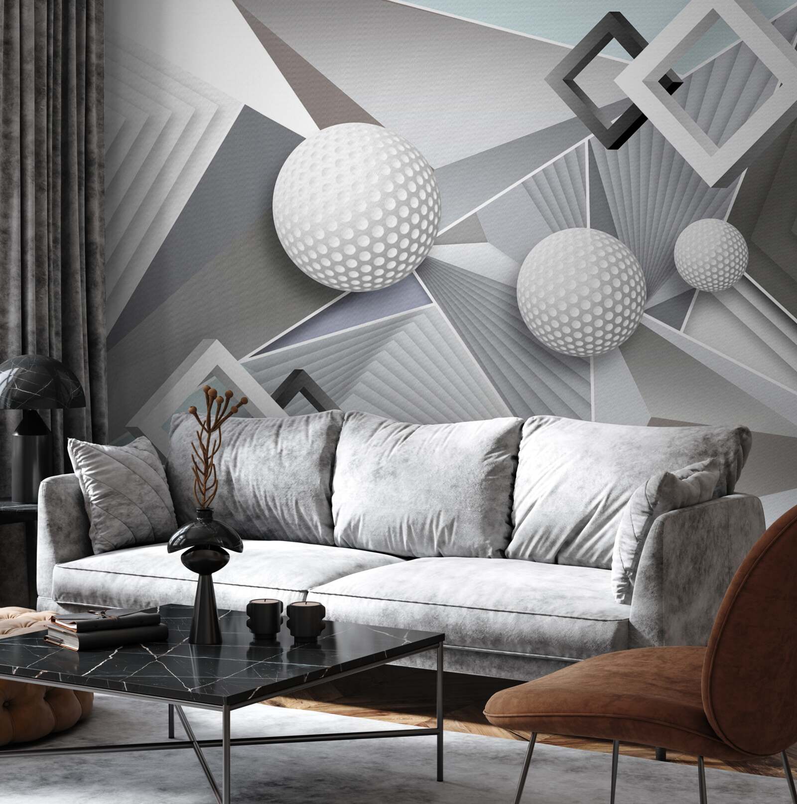 Fototapet reprezentare geometrică abstractă a unui cub și a unei bile