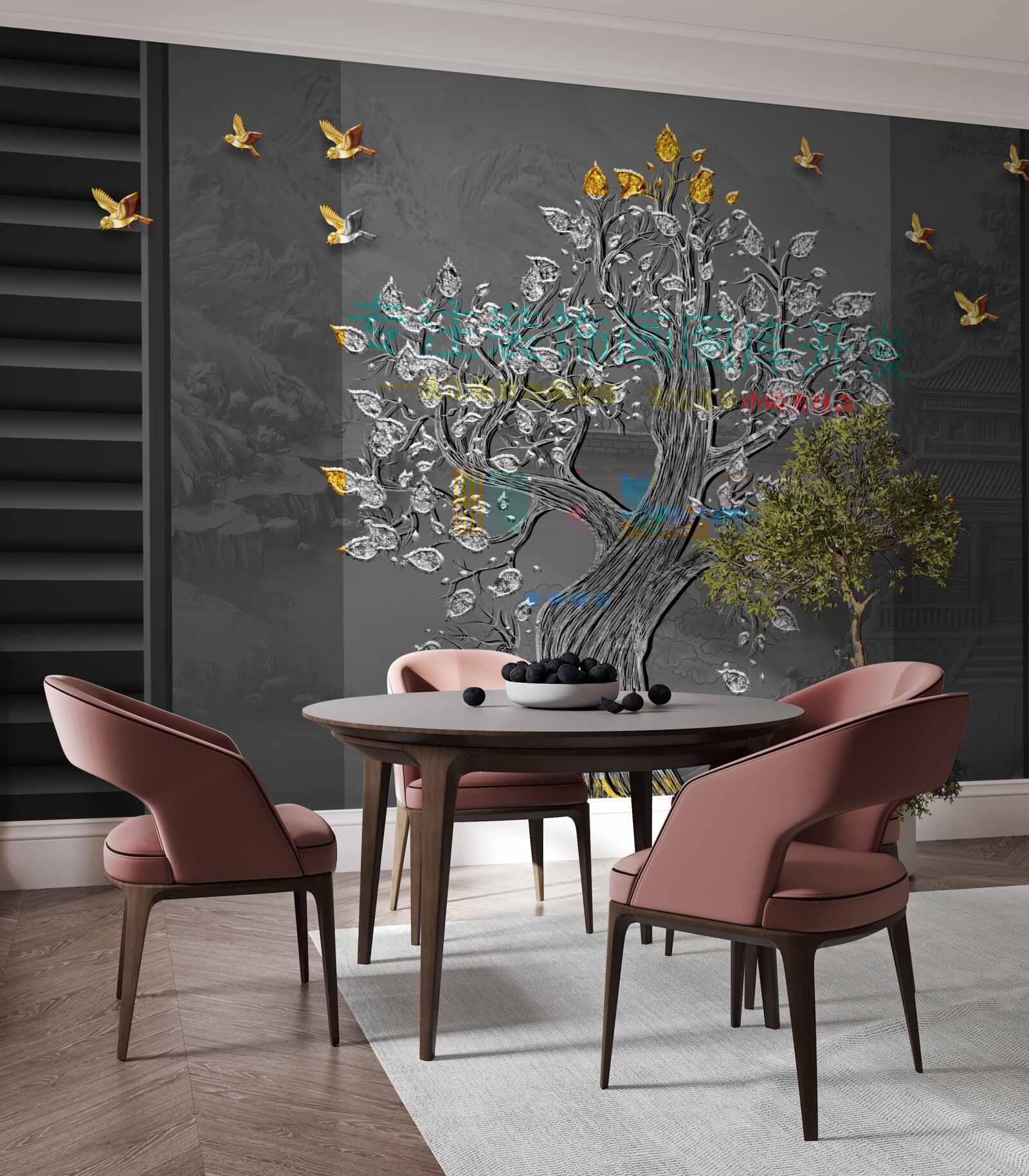 Fototapet un copac de aur și păsări zburând pe cer