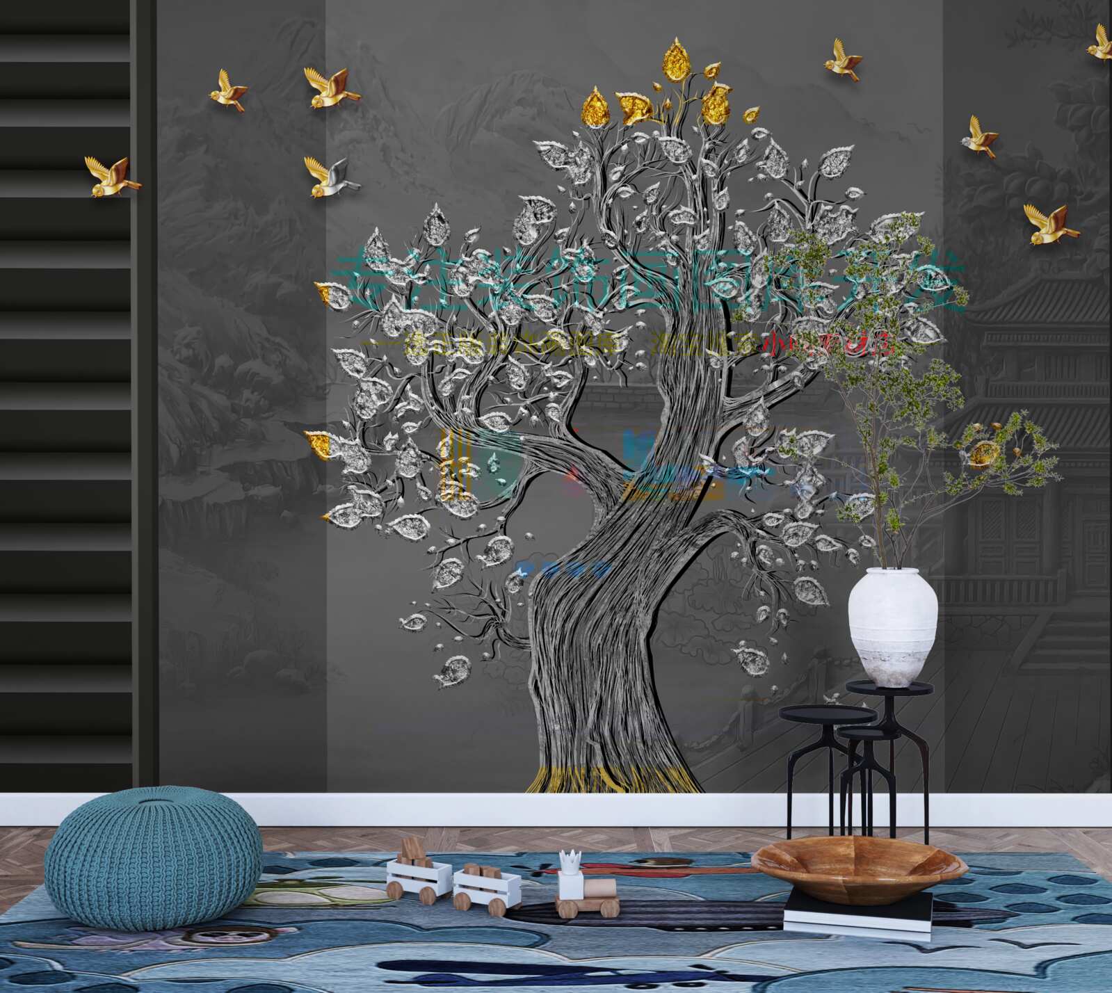 Fototapet un copac de aur și păsări zburând pe cer