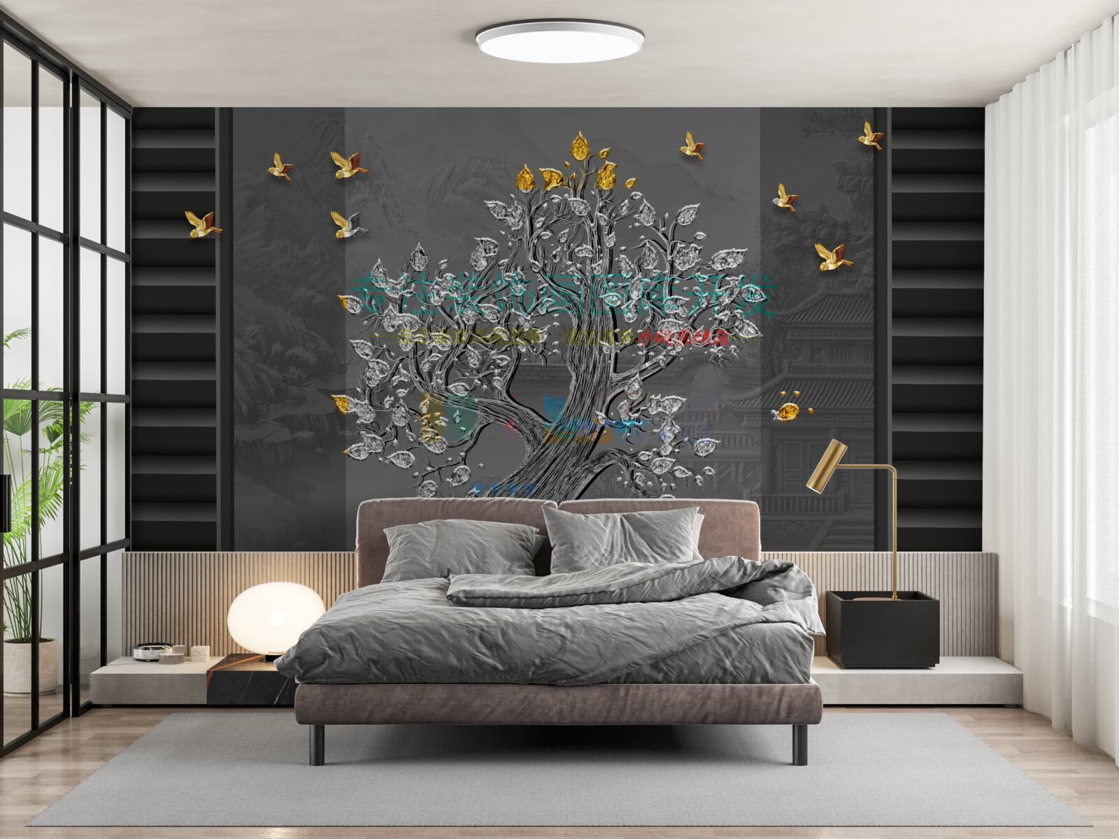 Fototapet un copac de aur și păsări zburând pe cer