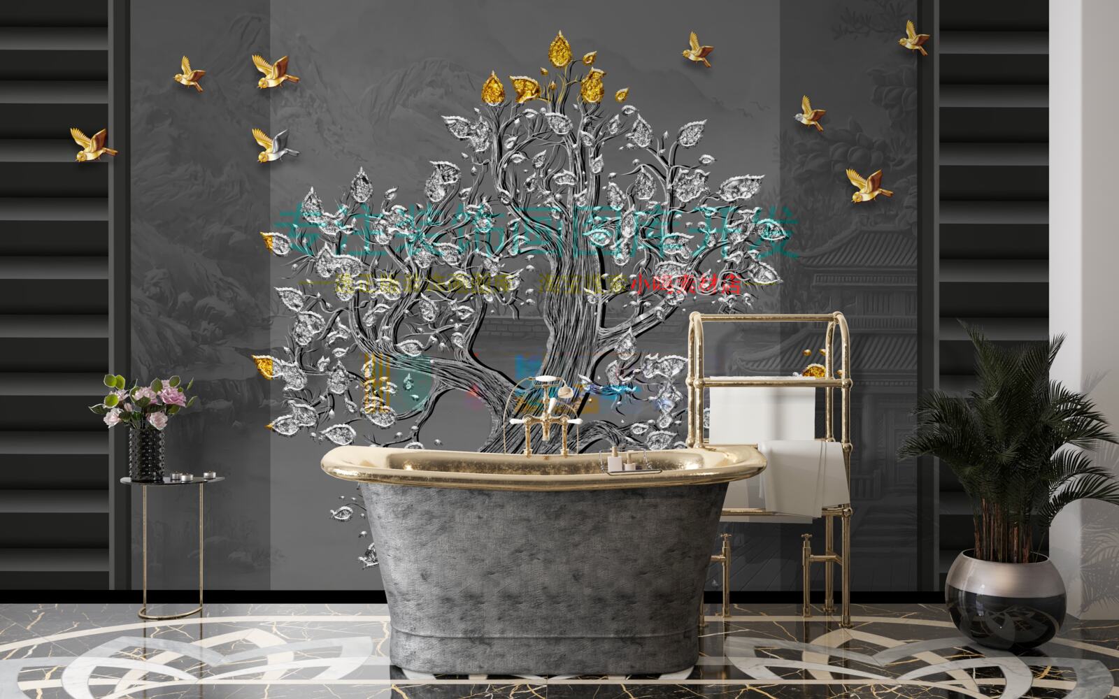 Fototapet un copac de aur și păsări zburând pe cer