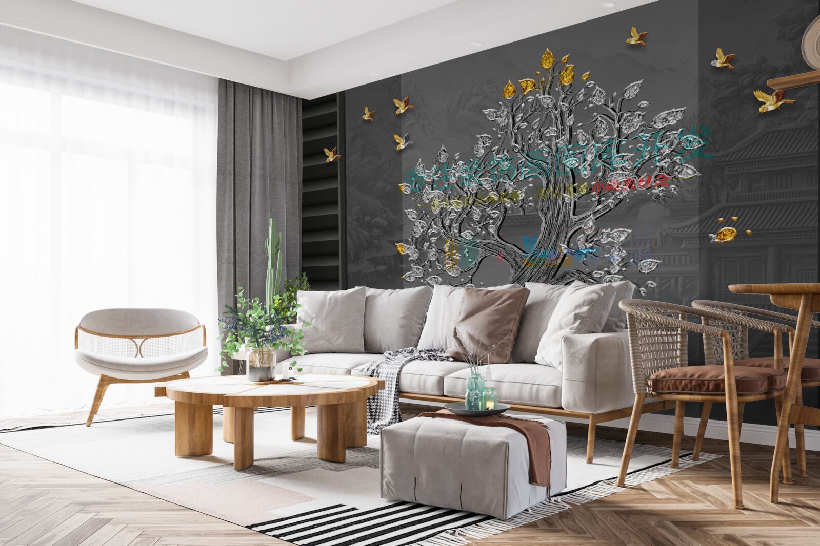 Fototapet un copac de aur și păsări zburând pe cer