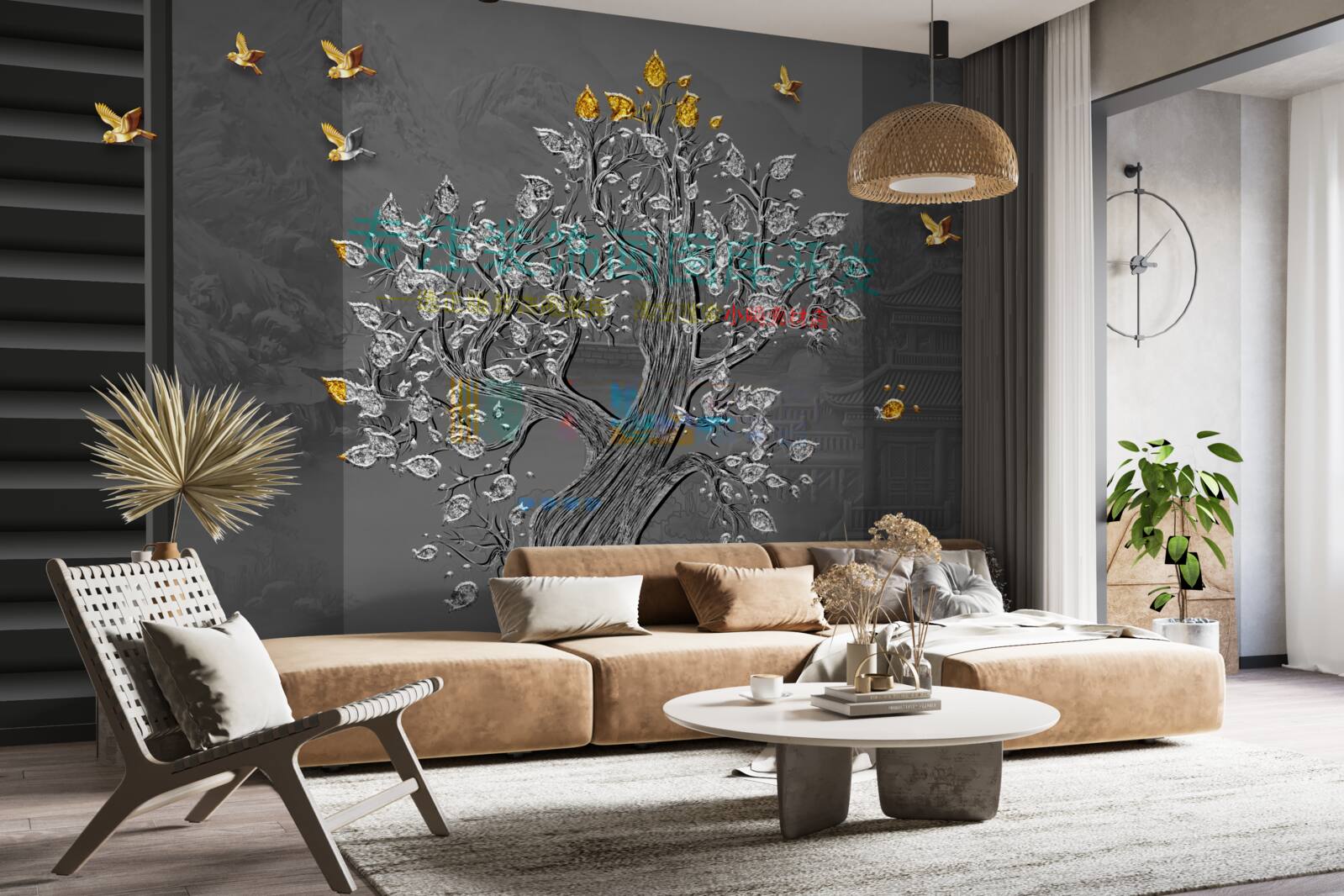 Fototapet un copac de aur și păsări zburând pe cer