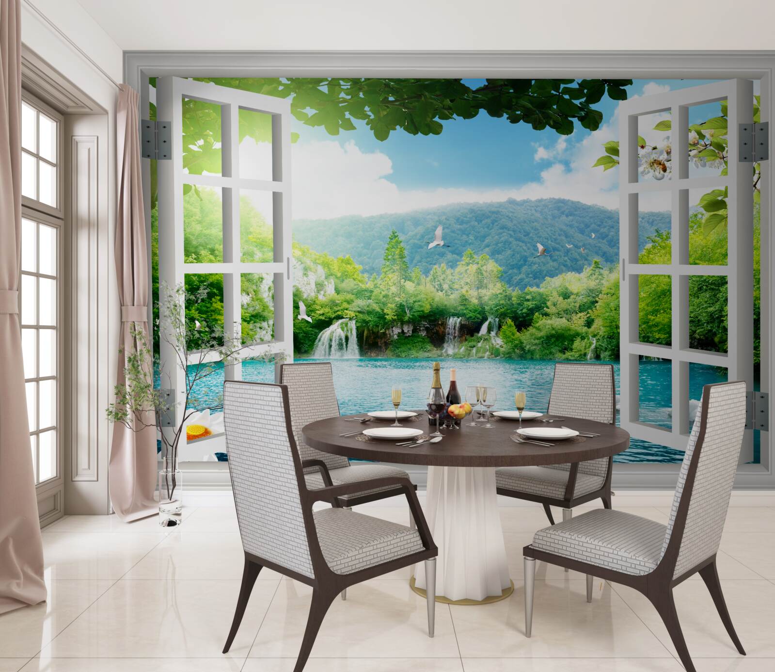 Fototapet vedere de la fereastra pe lac frumos și cascade