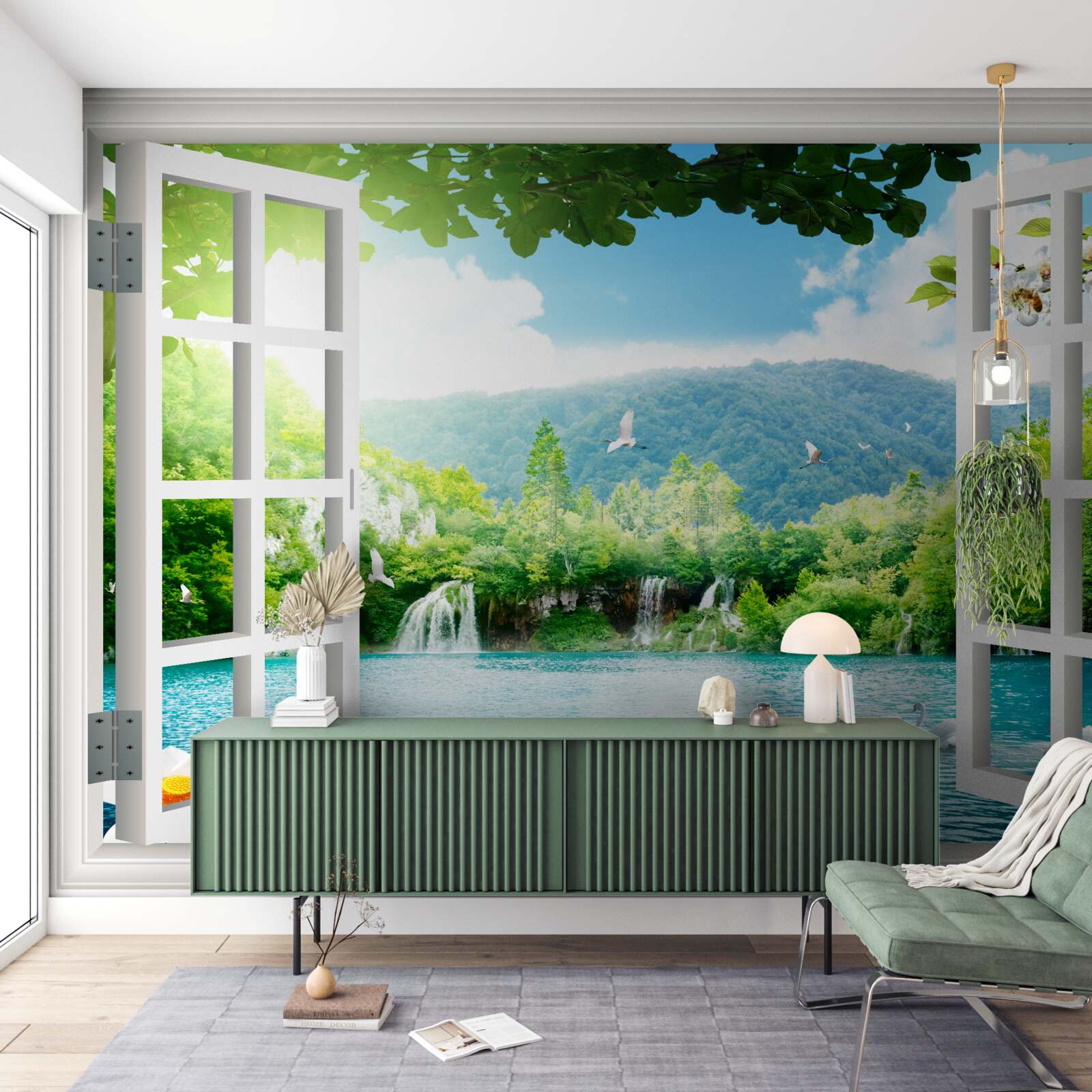 Fototapet vedere de la fereastra pe lac frumos și cascade