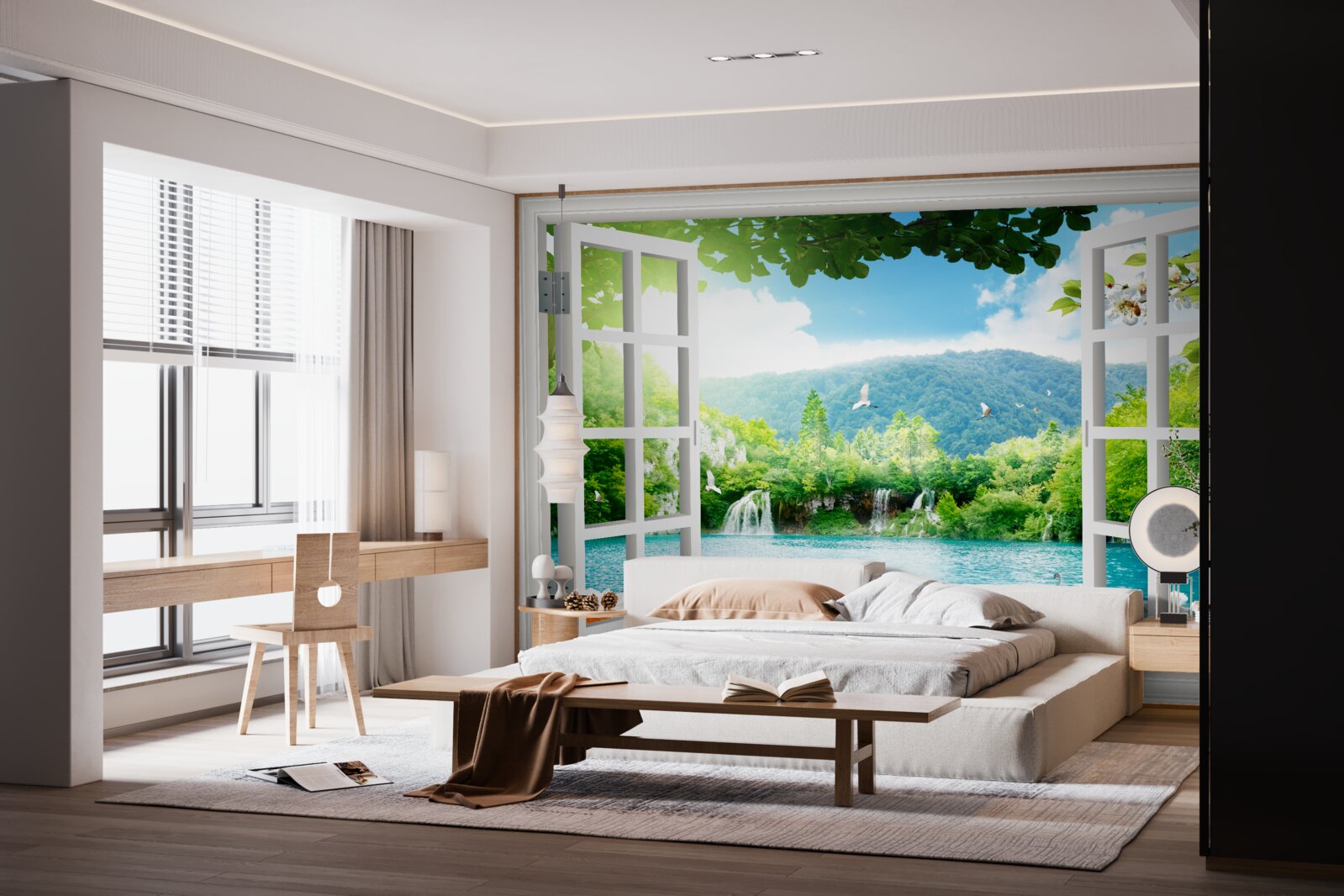 Fototapet vedere de la fereastra pe lac frumos și cascade