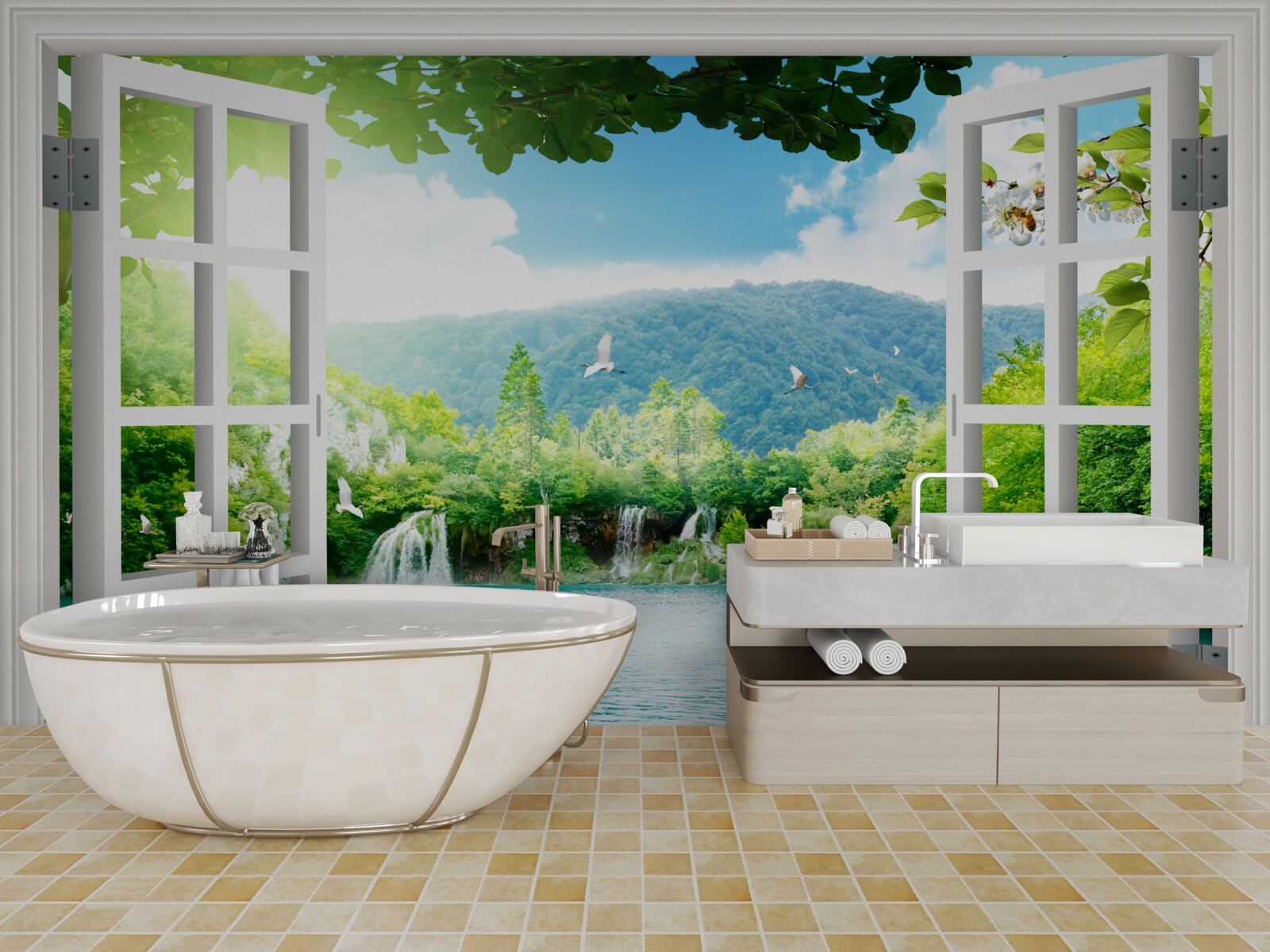 Fototapet vedere de la fereastra pe lac frumos și cascade