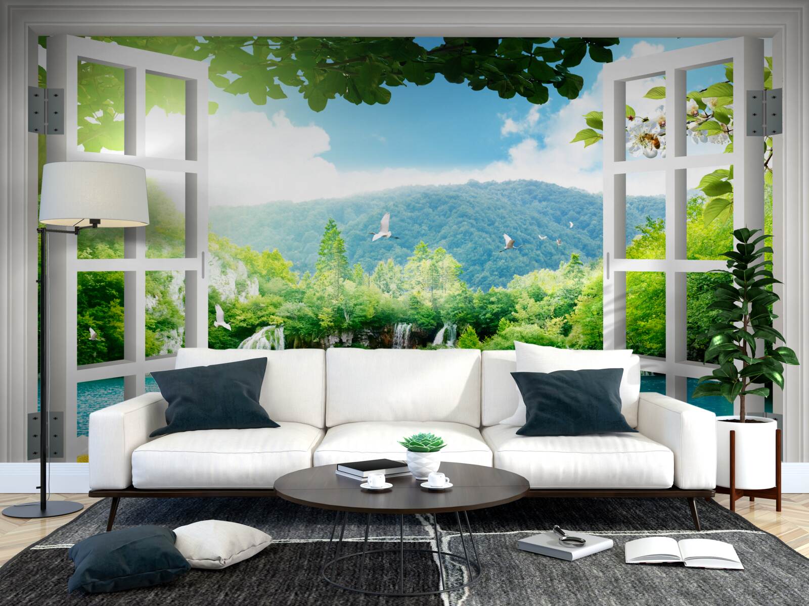 Fototapet vedere de la fereastra pe lac frumos și cascade