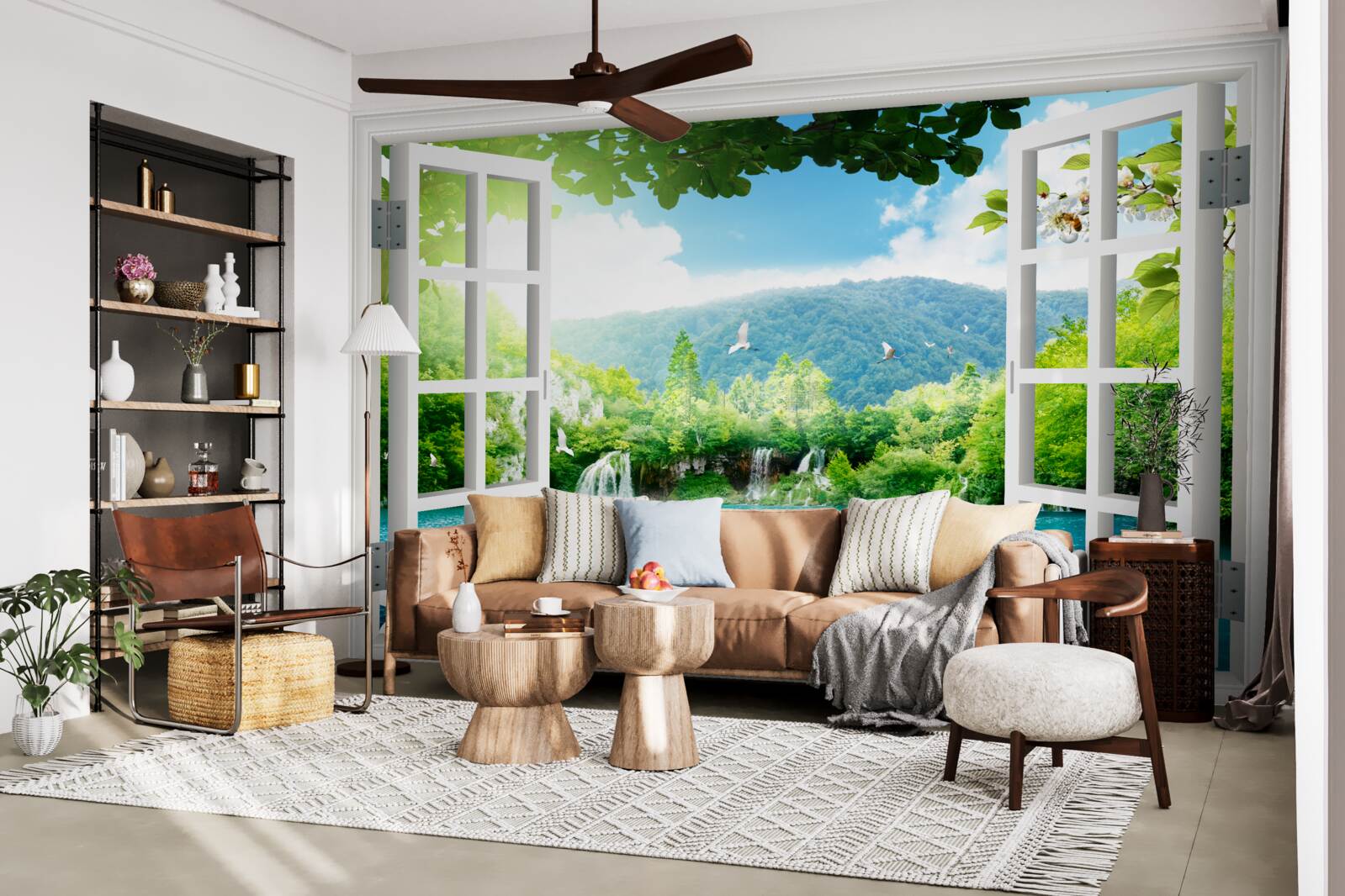 Fototapet vedere de la fereastra pe lac frumos și cascade