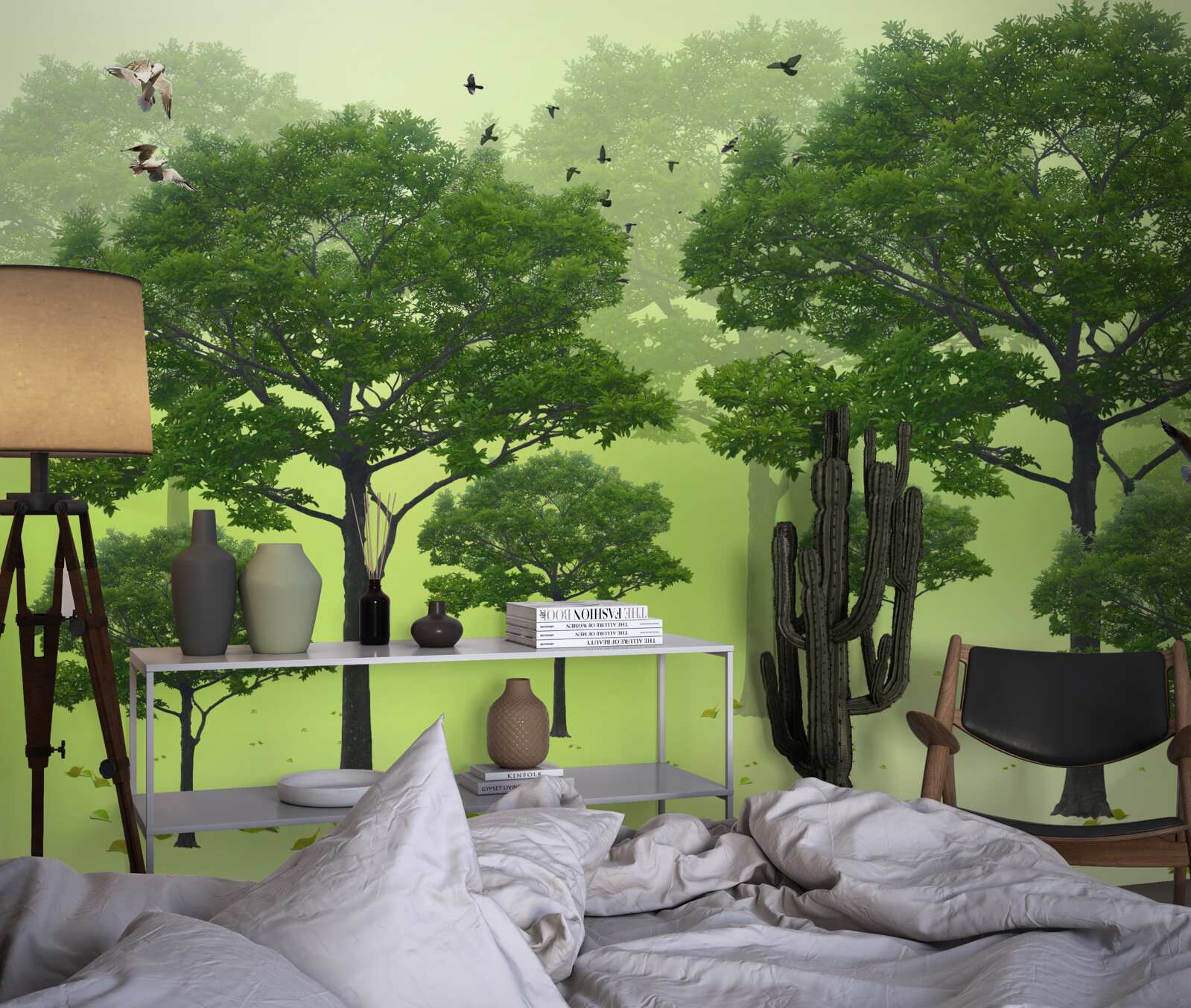 Fototapet pădure de dimineață acoperită cu frunze verzi