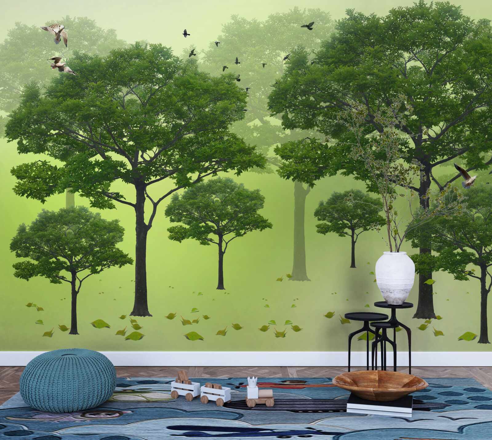 Fototapet pădure de dimineață acoperită cu frunze verzi