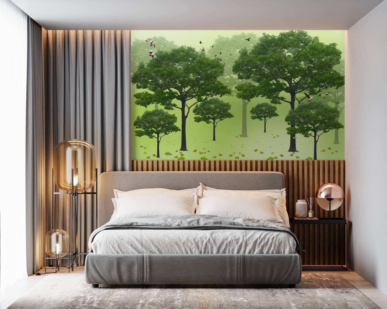 Fototapet pădure de dimineață acoperită cu frunze verzi