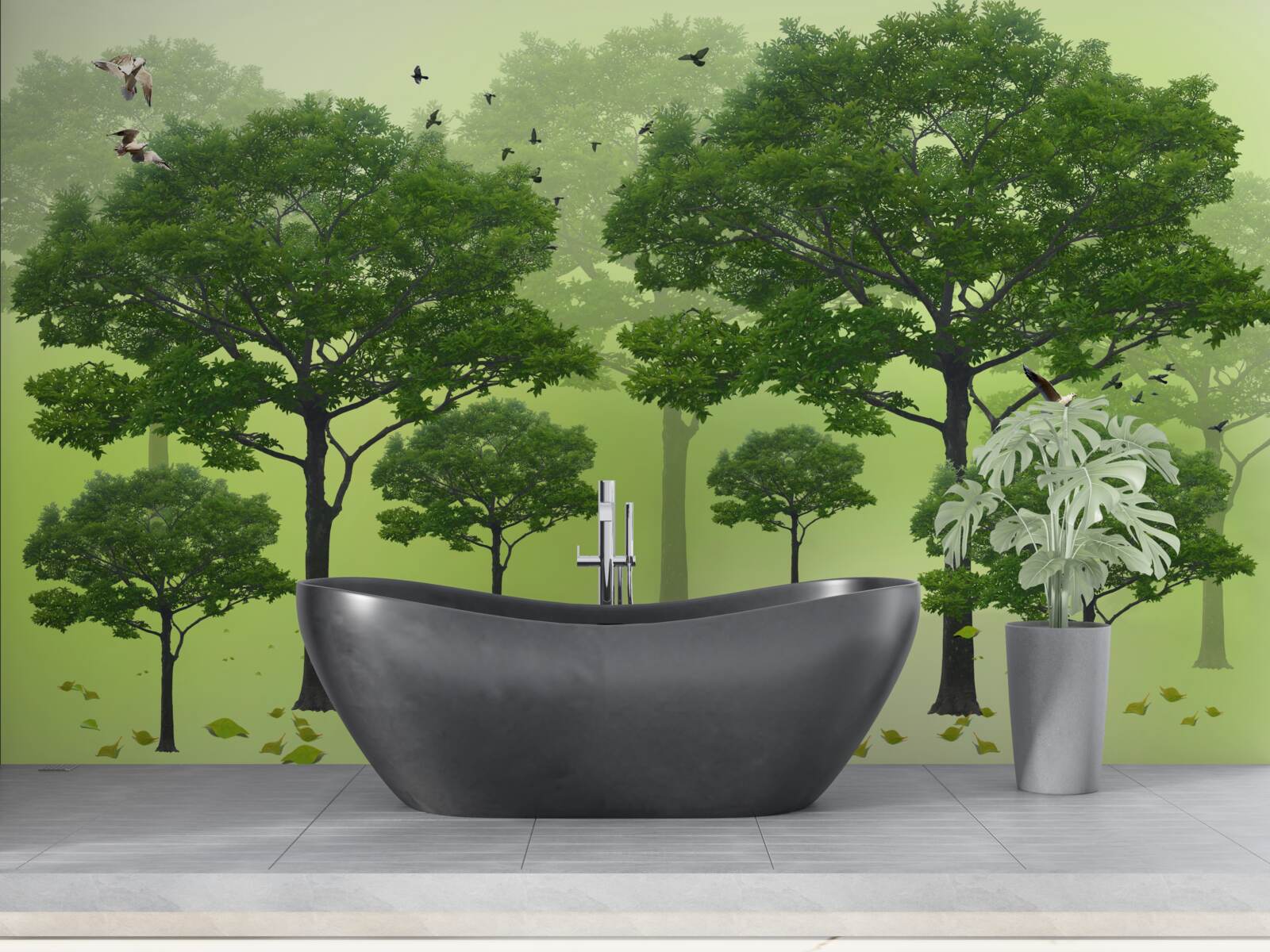 Fototapet pădure de dimineață acoperită cu frunze verzi