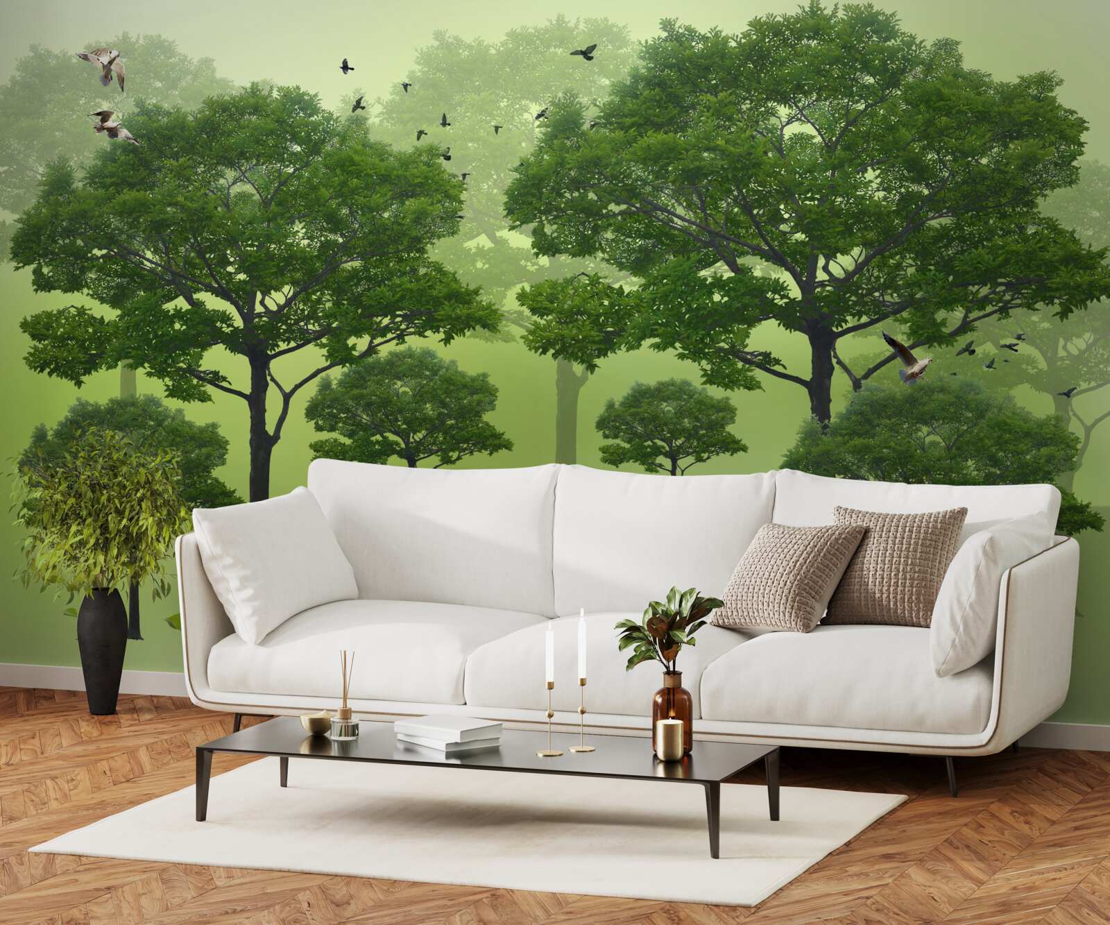 Fototapet pădure de dimineață acoperită cu frunze verzi