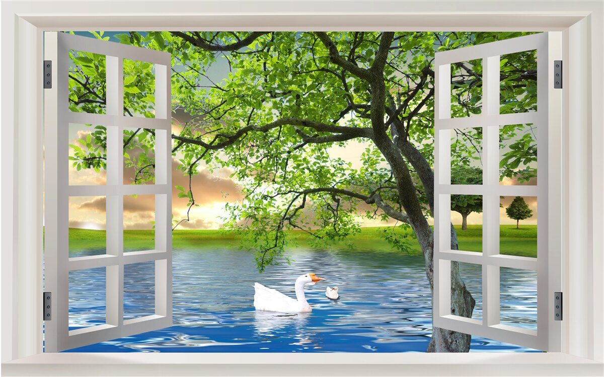 Fototapet Lebăda plutește lângă fereastră