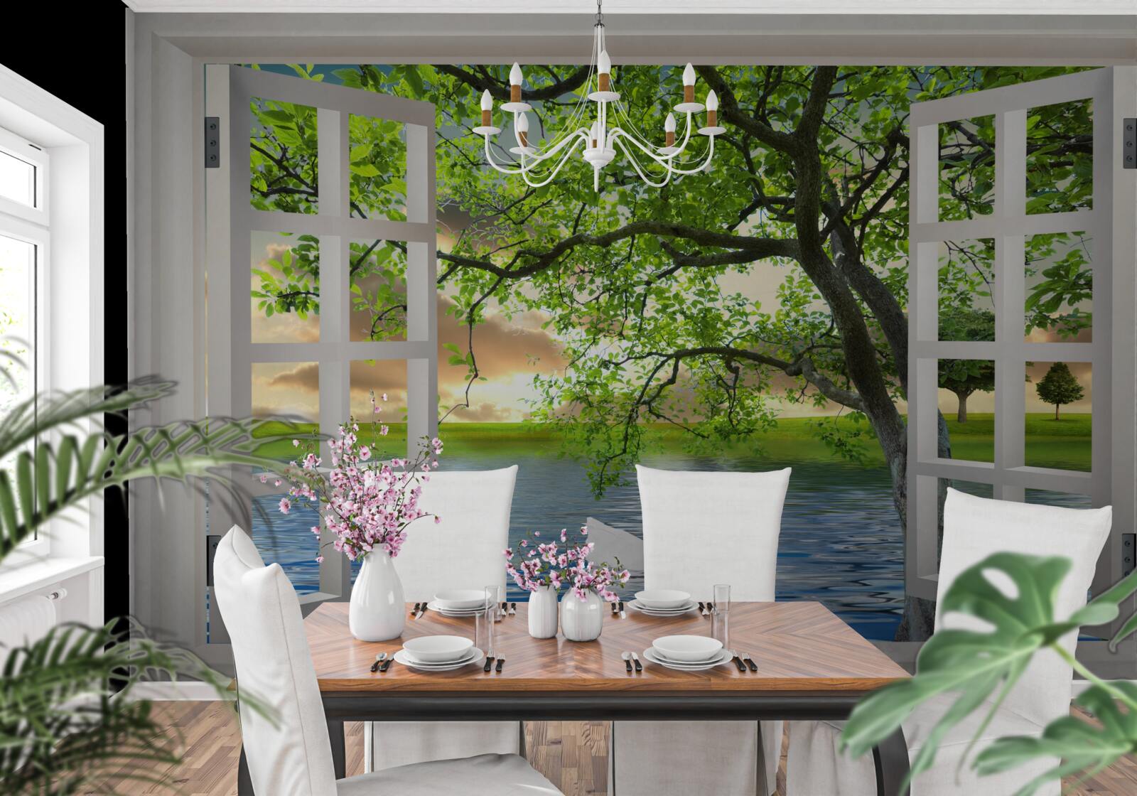 Fototapet Lebăda plutește lângă fereastră