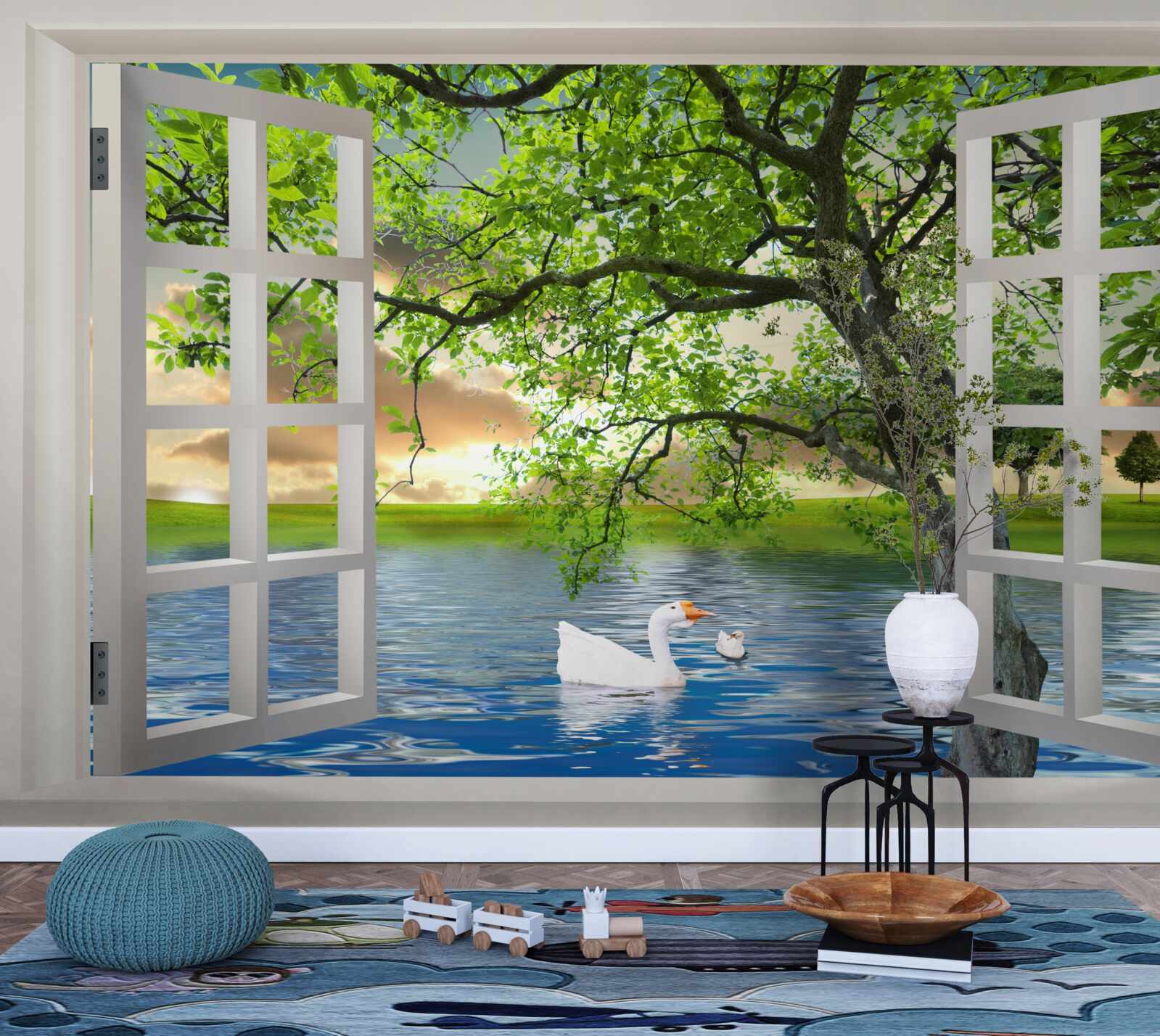 Fototapet Lebăda plutește lângă fereastră