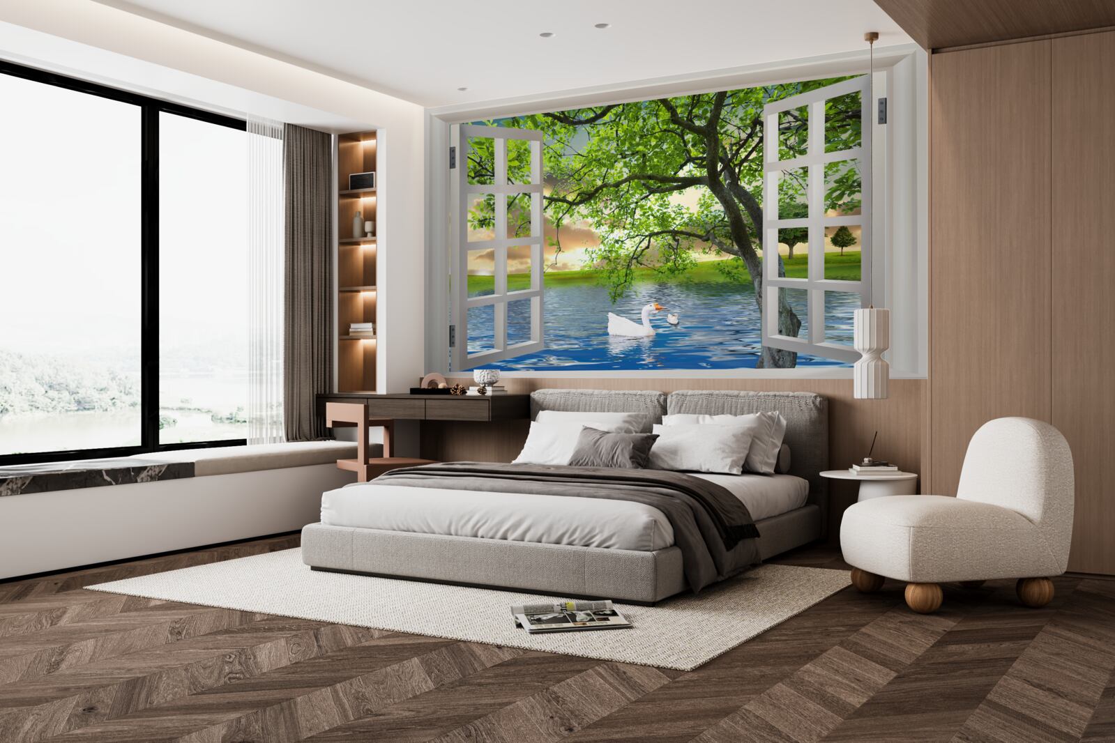 Fototapet Lebăda plutește lângă fereastră