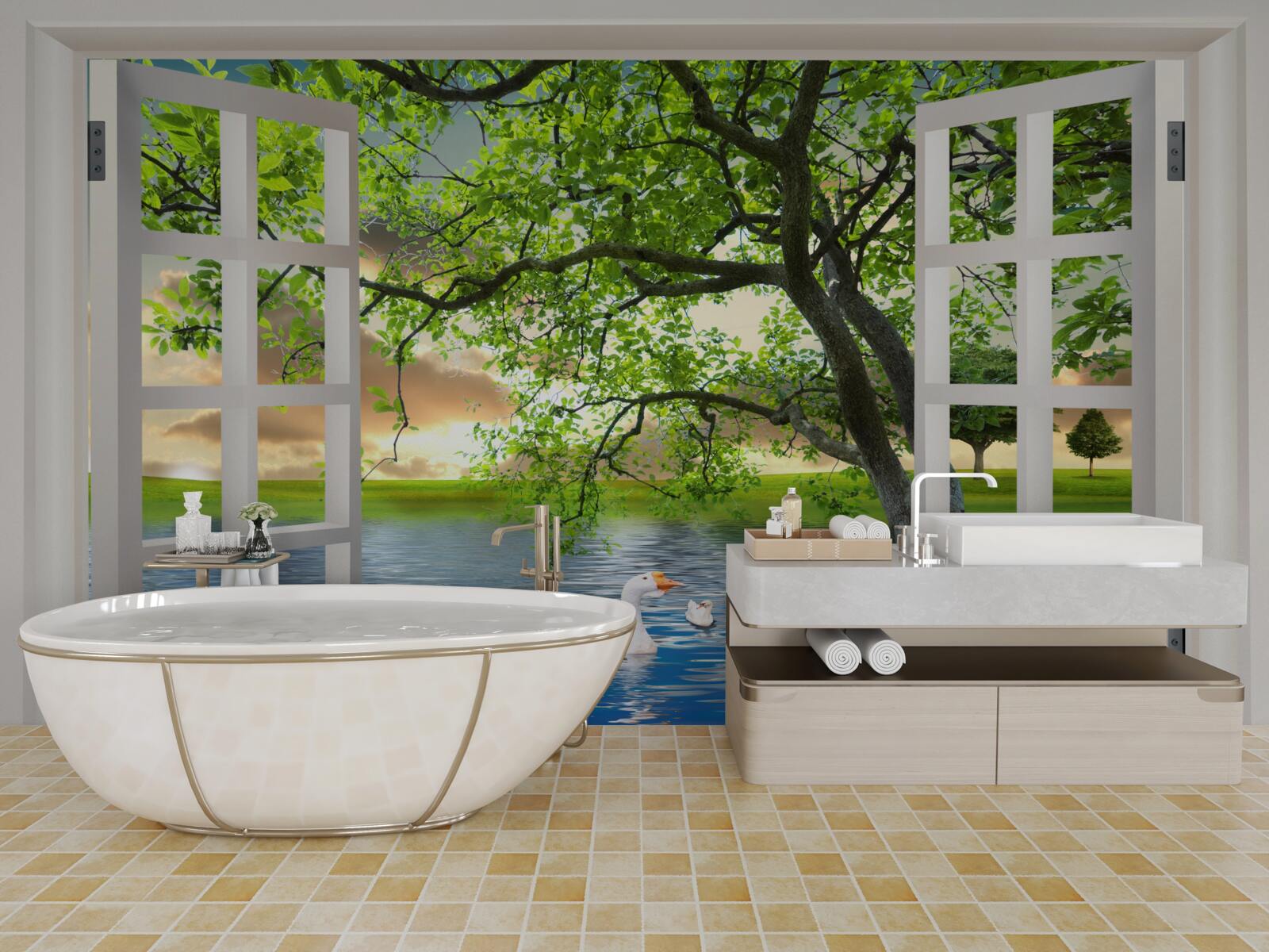 Fototapet Lebăda plutește lângă fereastră