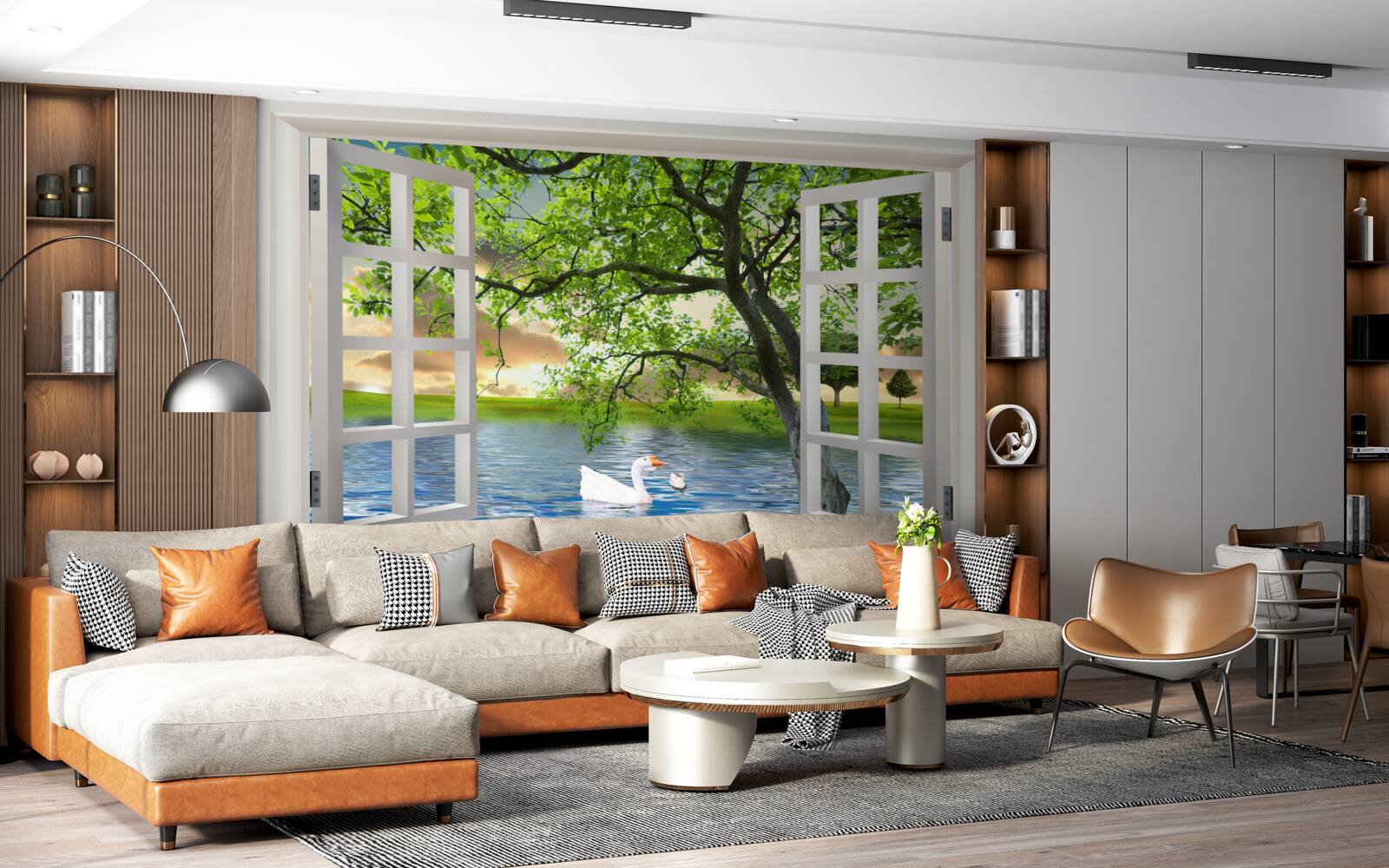 Fototapet Lebăda plutește lângă fereastră