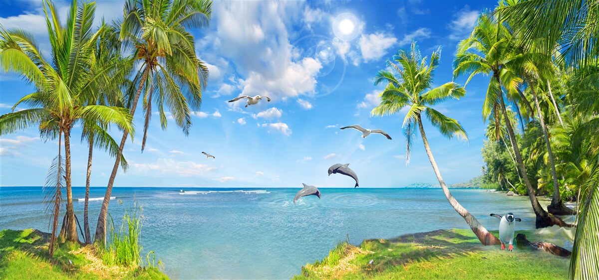 Fototapet delfini pe un peisaj marin