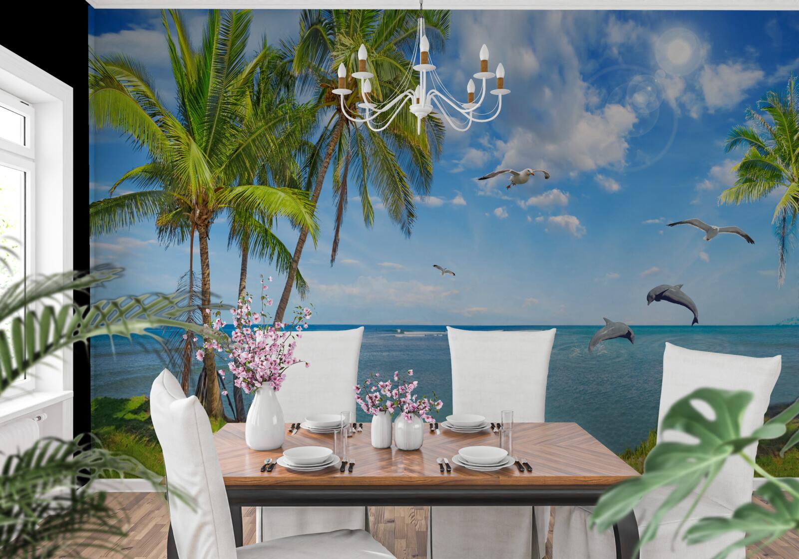 Fototapet delfini pe un peisaj marin