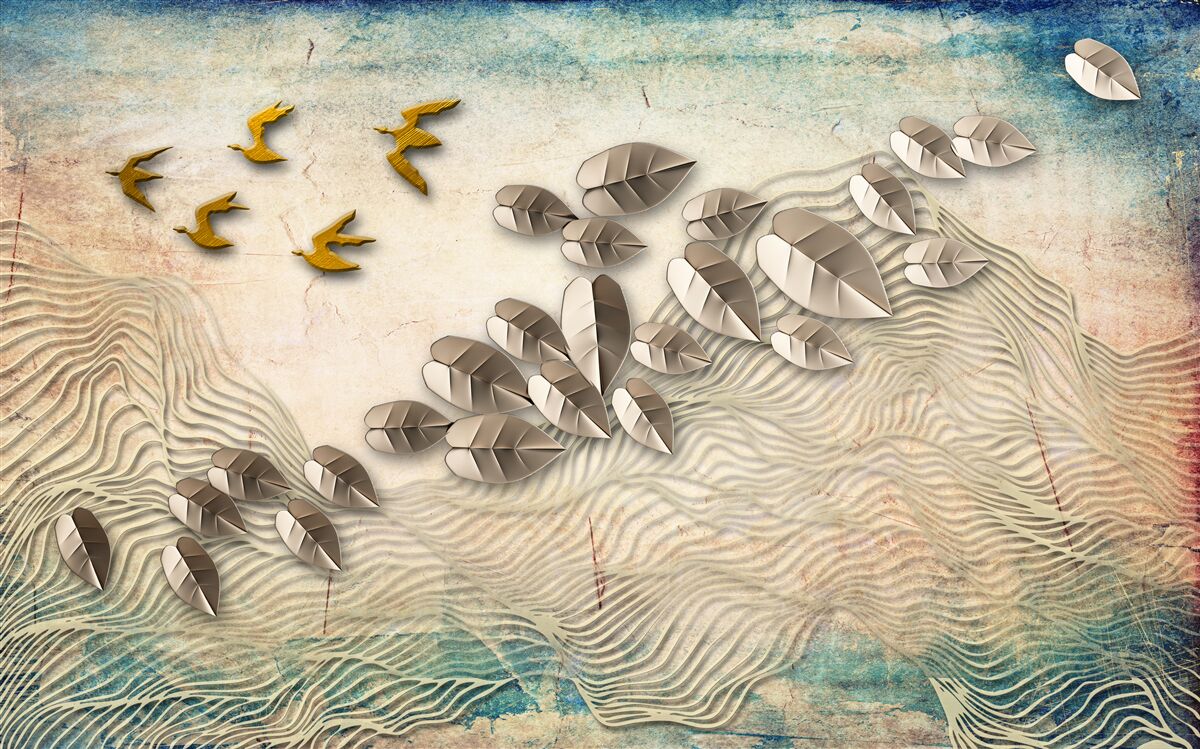 Fototapet creaturi cu pene și coborârea lor în rafale de vânt