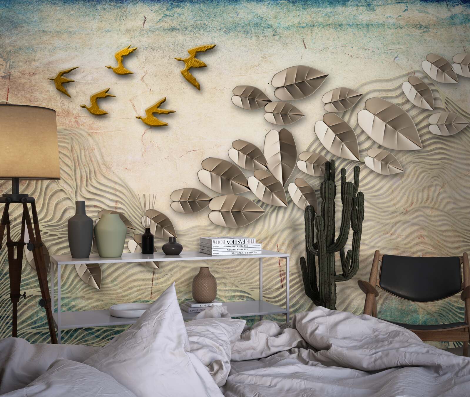 Fototapet creaturi cu pene și coborârea lor în rafale de vânt