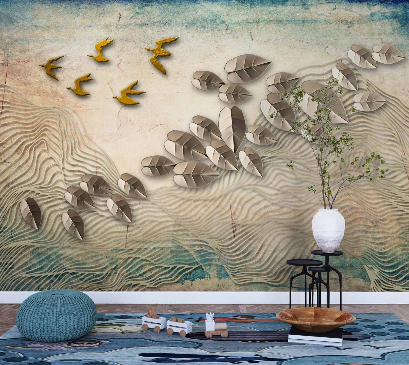 Fototapet creaturi cu pene și coborârea lor în rafale de vânt