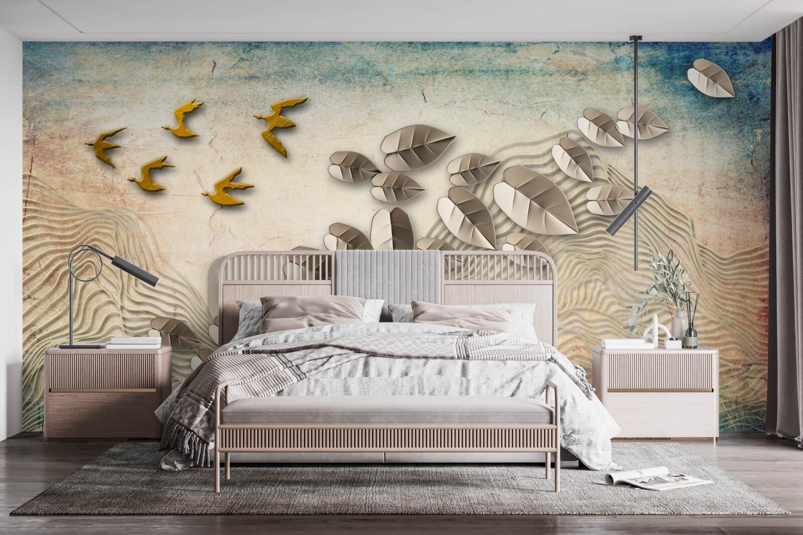 Fototapet creaturi cu pene și coborârea lor în rafale de vânt