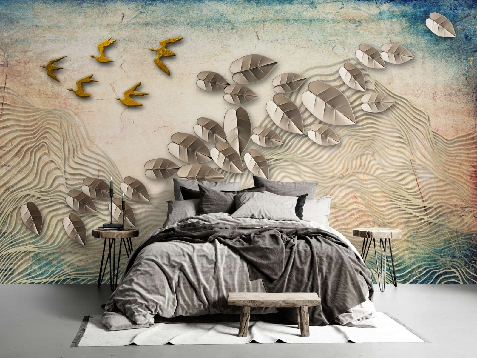 Fototapet creaturi cu pene și coborârea lor în rafale de vânt