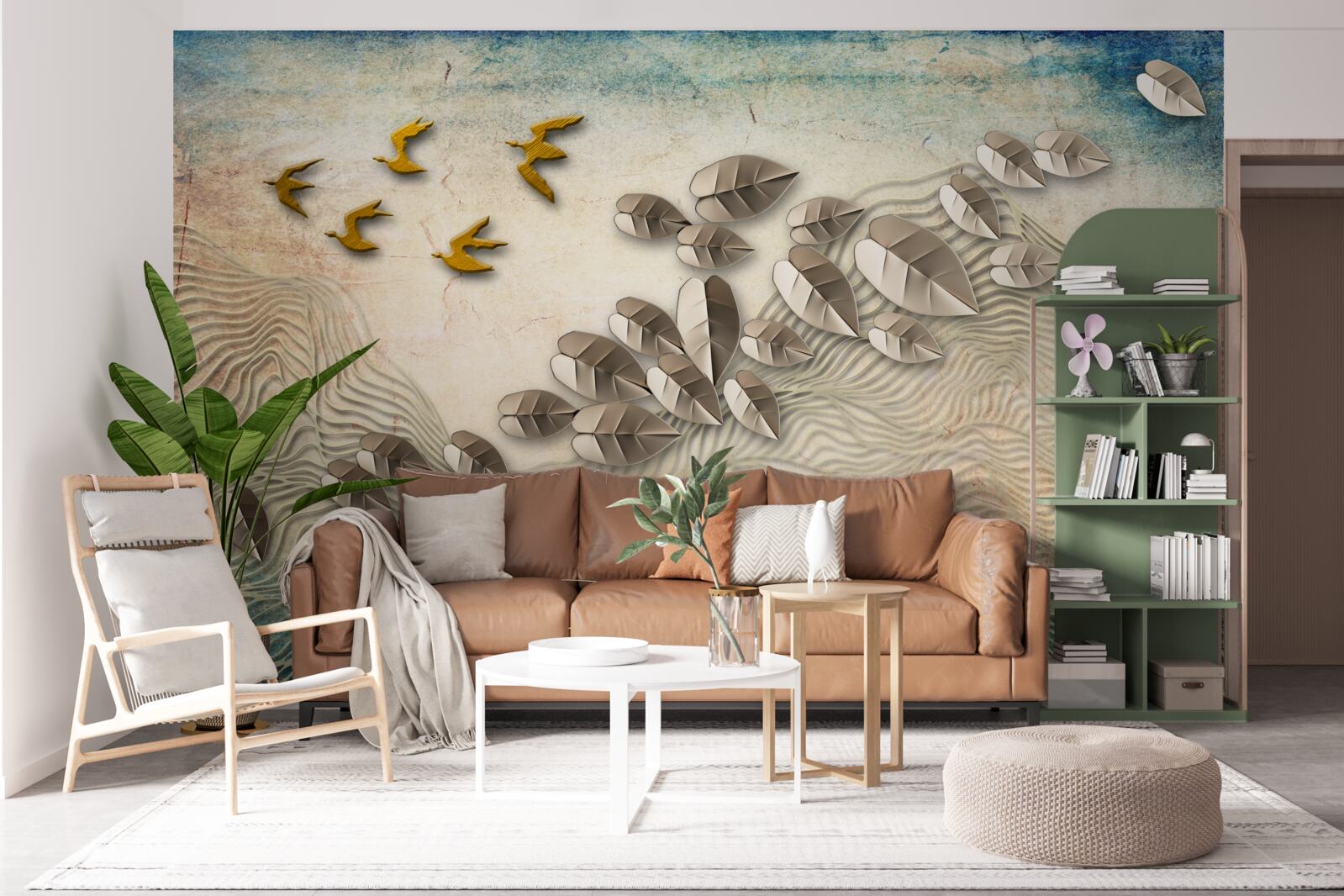 Fototapet creaturi cu pene și coborârea lor în rafale de vânt