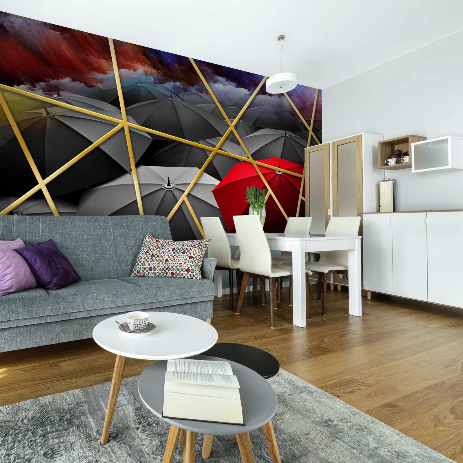 Fototapet plasă aurie pe fond gri accentuată de umbrelă roșie