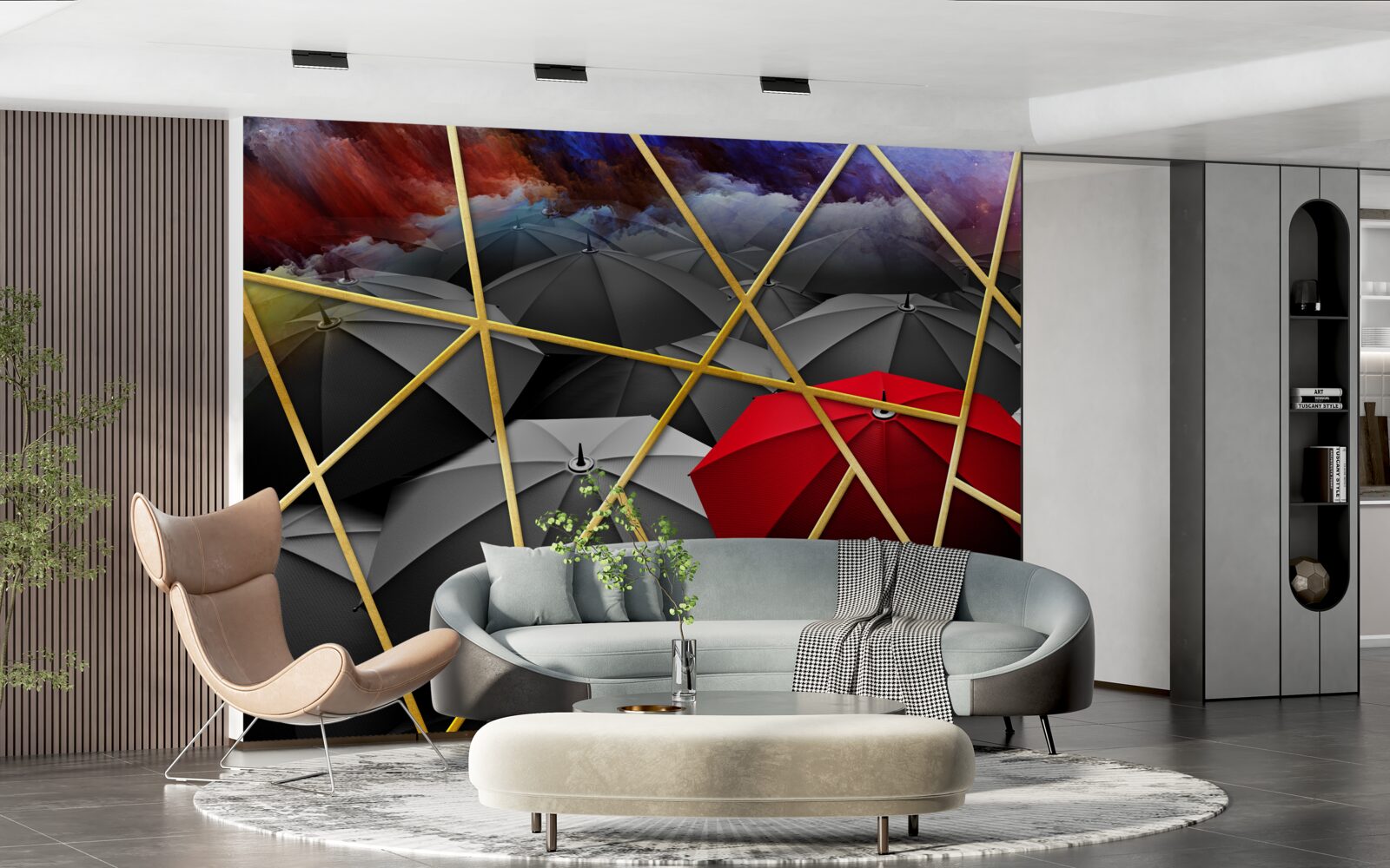 Fototapet plasă aurie pe fond gri accentuată de umbrelă roșie
