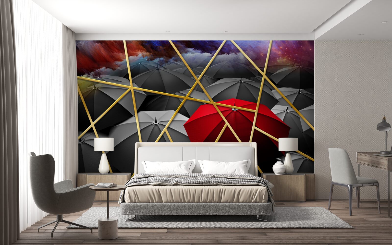Fototapet plasă aurie pe fond gri accentuată de umbrelă roșie
