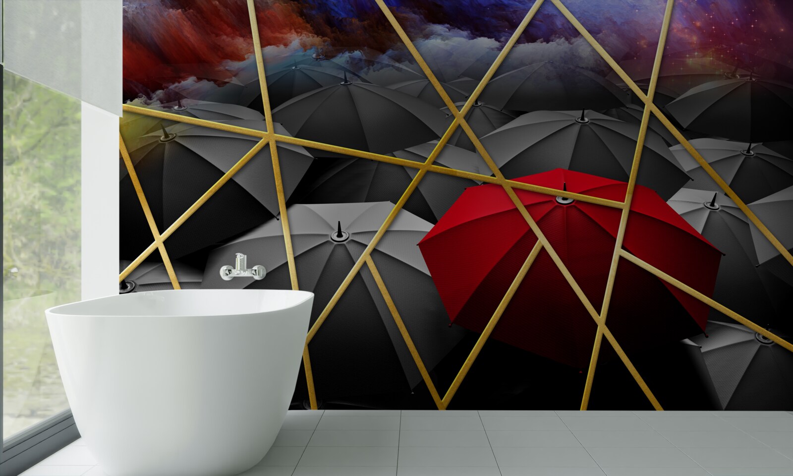 Fototapet plasă aurie pe fond gri accentuată de umbrelă roșie