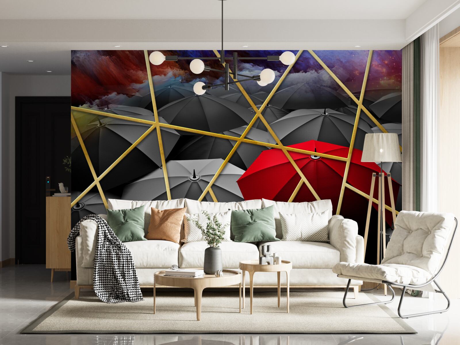 Fototapet plasă aurie pe fond gri accentuată de umbrelă roșie