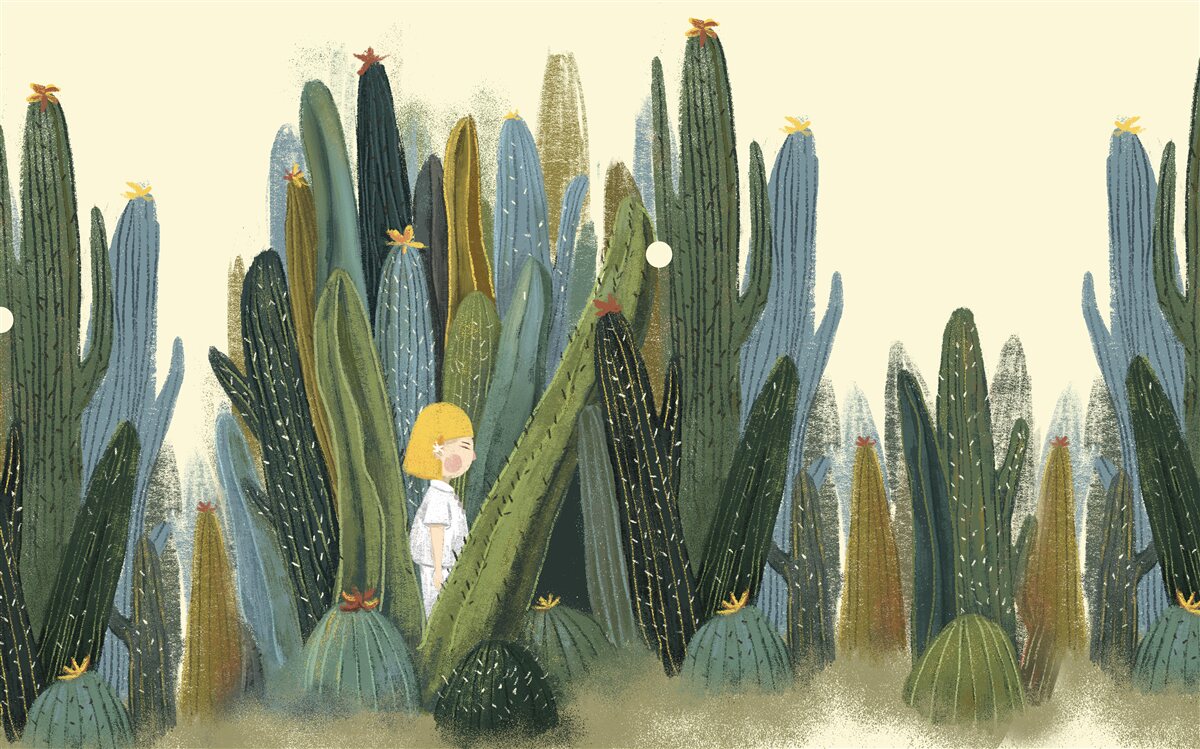 Fototapet fată cu părul roșu printre cactuși