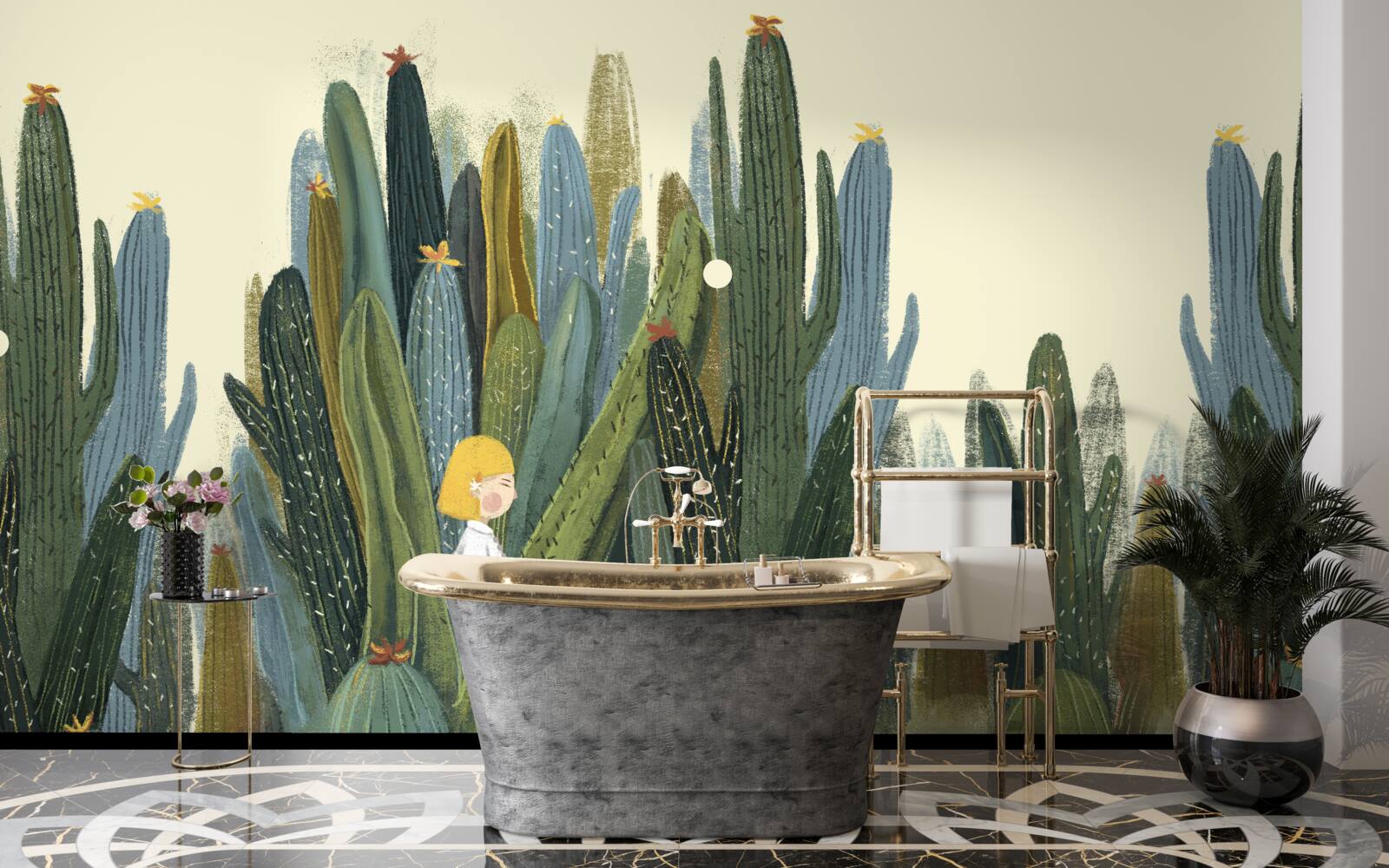 Fototapet fată cu părul roșu printre cactuși