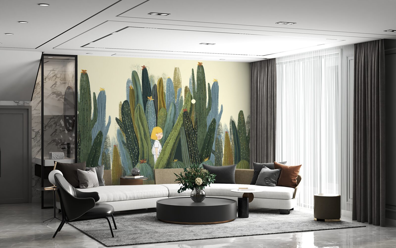 Fototapet fată cu părul roșu printre cactuși